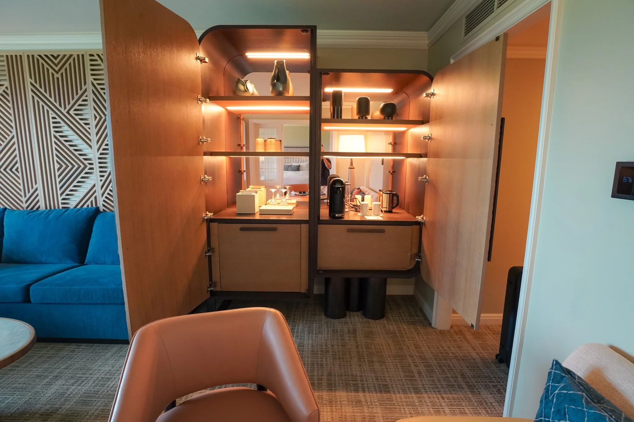 Suite wet bar with Nespresso machine, kettle, and stocked amenities