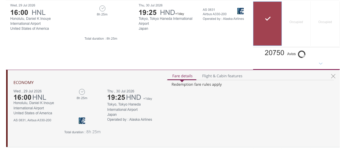 Award Alert: HNL to Tokyo Haneda Economy for 20,750 Avios