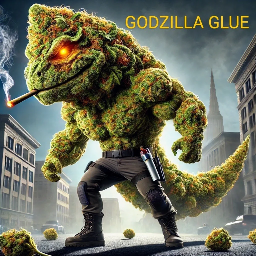 A giant Godzilla creature made of dense green marijuana buds stands in a city street, smoking a joint, with buildings and a skyline in the background, labeled as 'Godzilla Glue'.