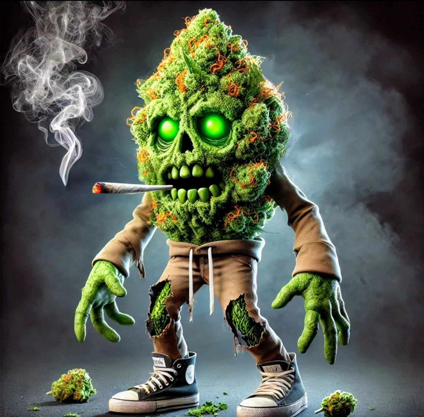 A humanoid zombie figure with a marijuana bud head, glowing green eyes, a lit joint in its mouth, wearing tan ripped hoodie and sneakers, standing against a smoky background.