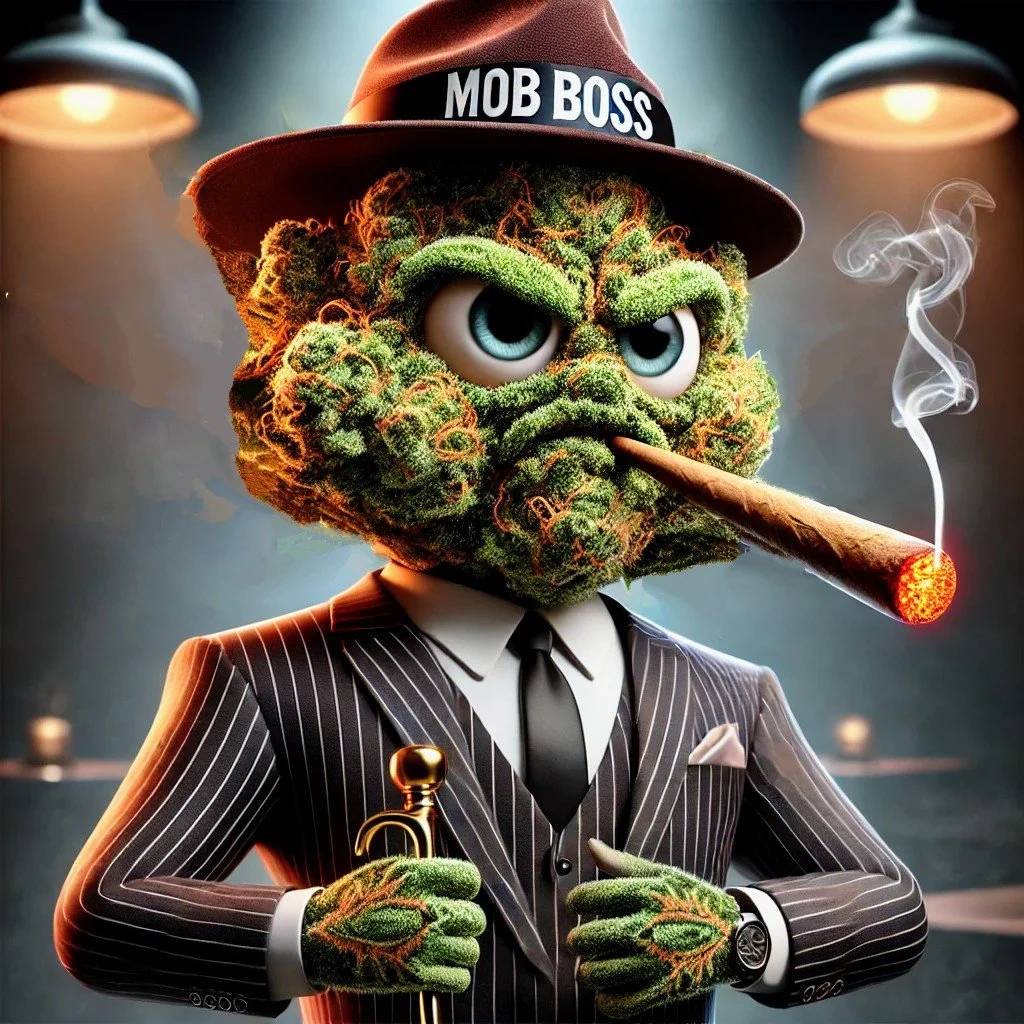 Cartoon cannabis bud character with a human body in a suit, smoking a cigar, wearing a hat labeled 'Mob Boss', in a dimly lit room.