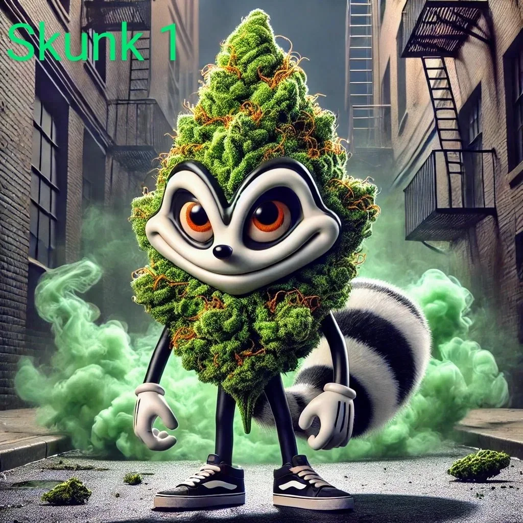 A character with the body of a black and white raccoon wearing sneakers, and the head replaced with a large, fluffy green marijuana bud, standing in an alleyway with toxic green fumes swirling around.