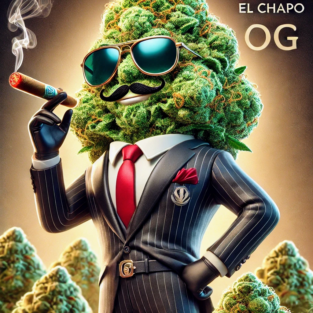 An animated cannabis plant dressed in a pinstripe suit with a red tie, sunglasses, a faux mustache, and holding a lit cigar. The background features several cannabis buds, with text that says "El Chapo OG."