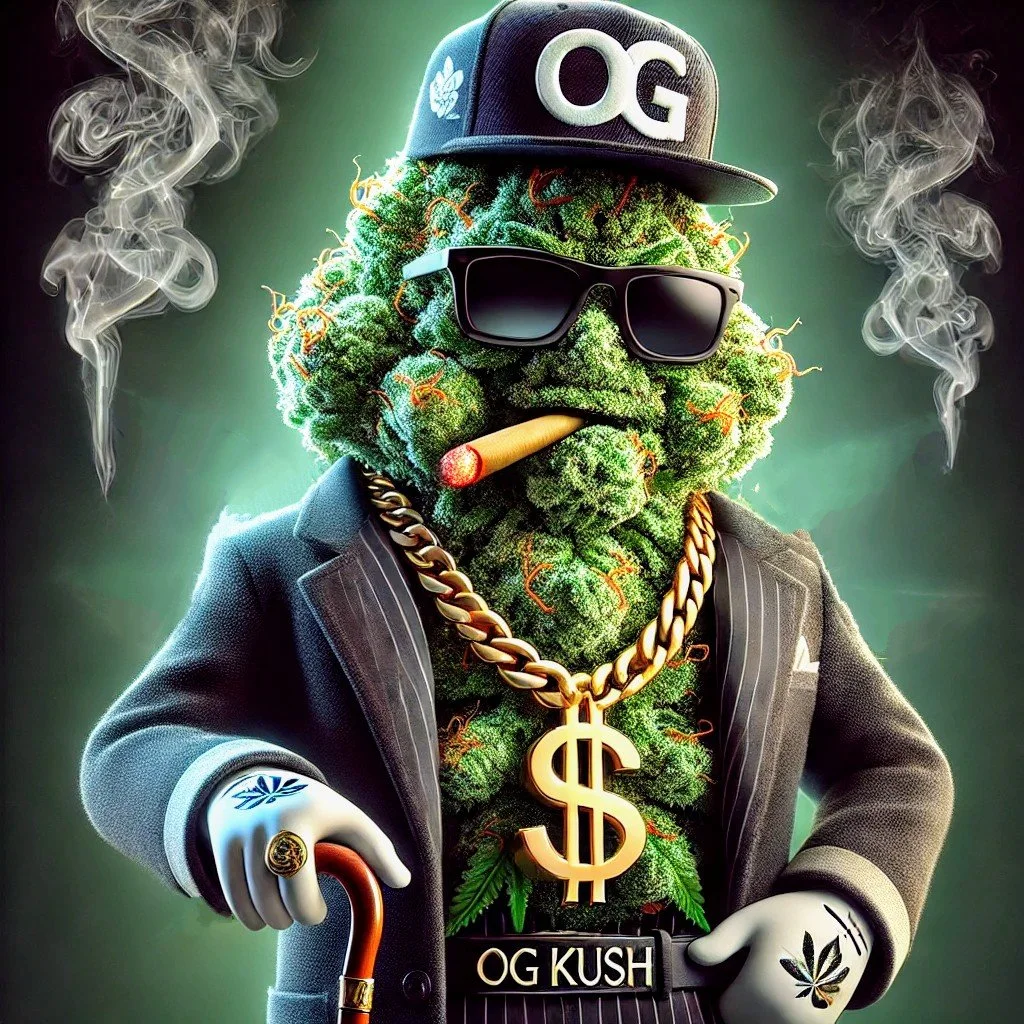 A humanoid figure made of dense green marijuana buds with small orange hairs, dressed in rapper-style clothing. The figure wears a baseball cap with 'OG' on it, sunglasses, a large gold chain with a dollar sign pendant, and a jacket. It has a lit blu