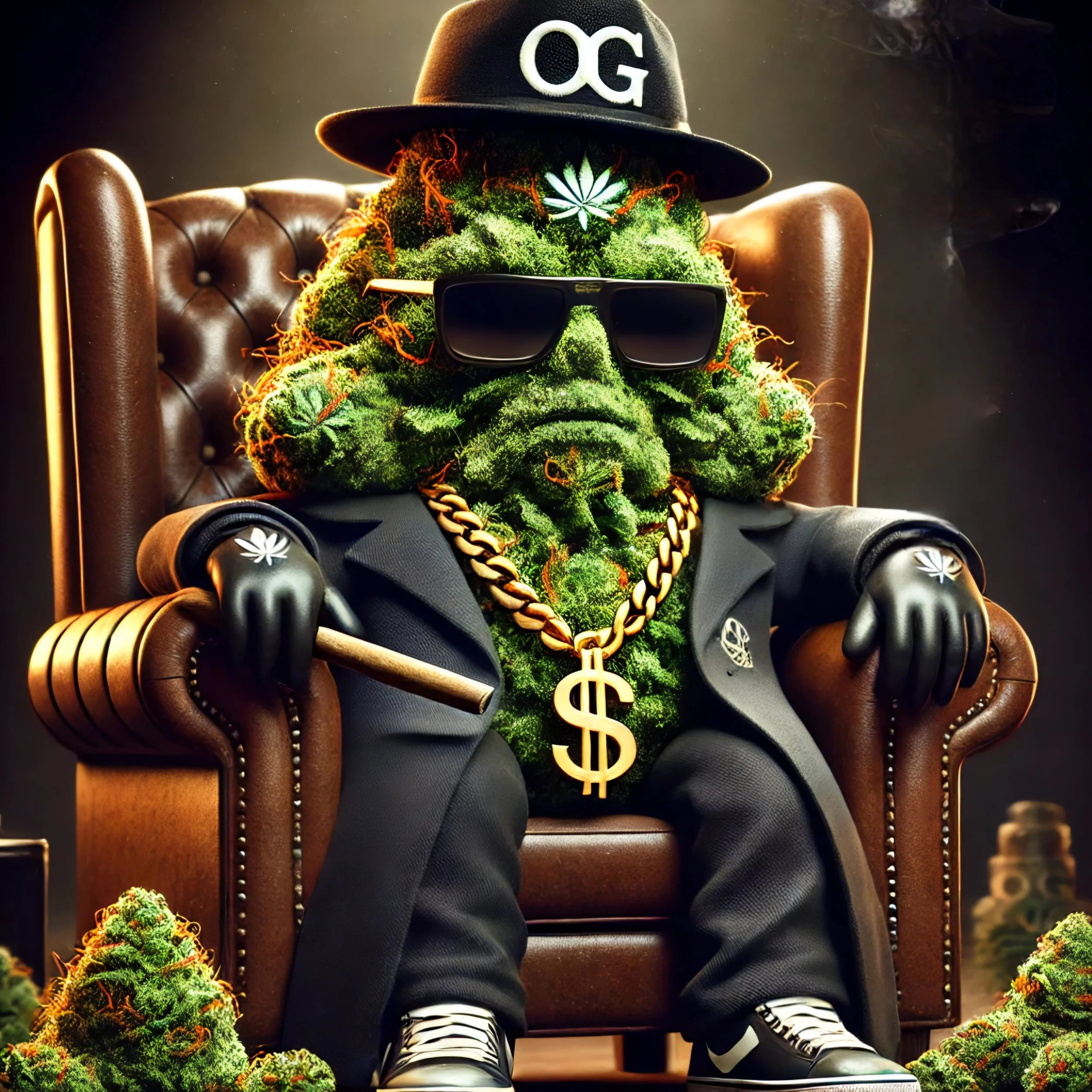 A cannabis plant with sunglasses, a black hat labeled 'OG', gold chains with a dollar sign, and dressed in a suit, sitting on a leather chair in a dimly lit room, surrounded by cannabis buds.