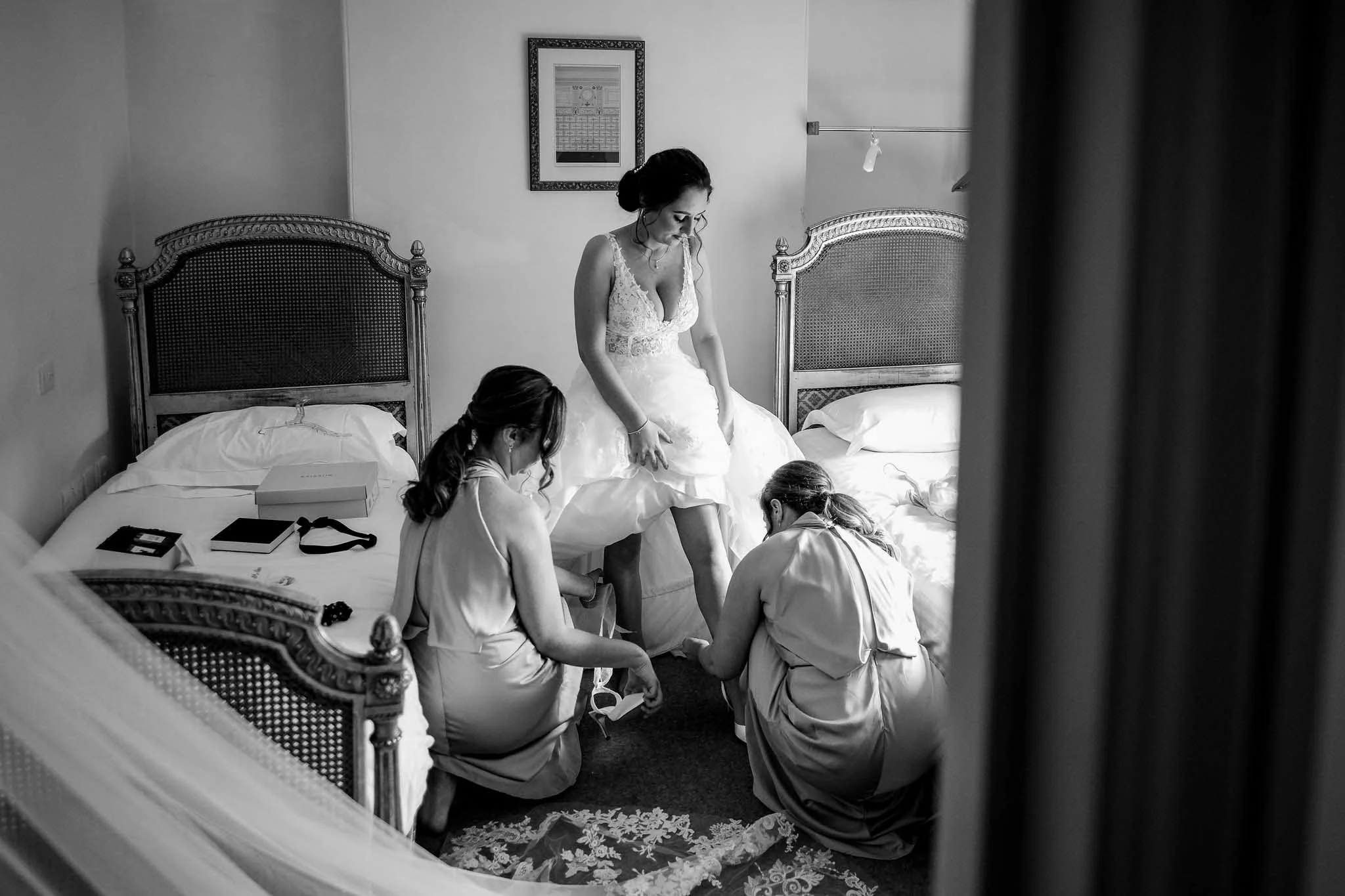 a bride getting ready on the morning her wedding at Thorton Hall.