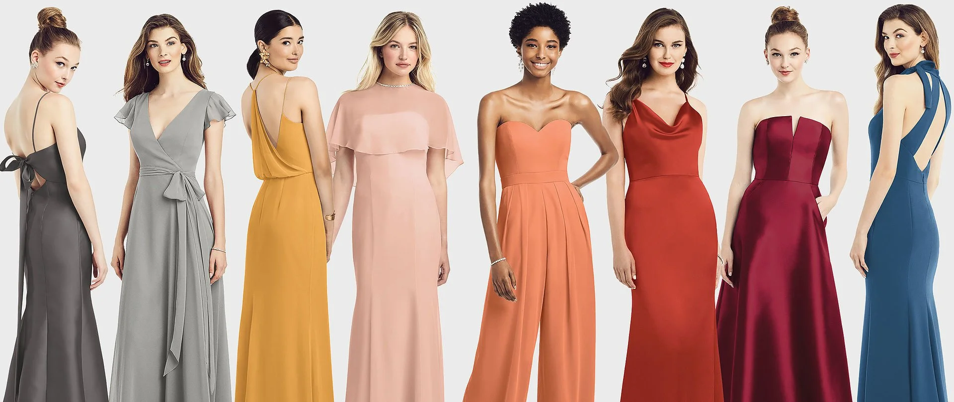 Bridesmaids dresses displayed in a bridal boutique