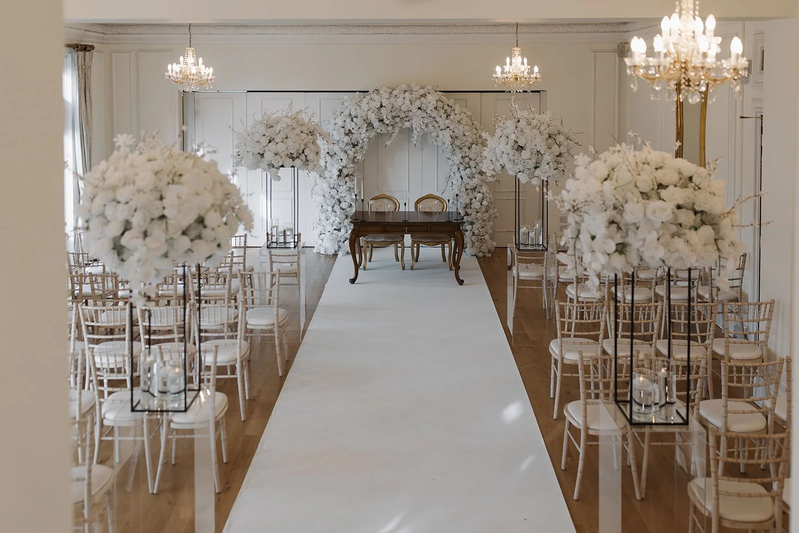 A photograph showing the indoor ceremony space at west tower.