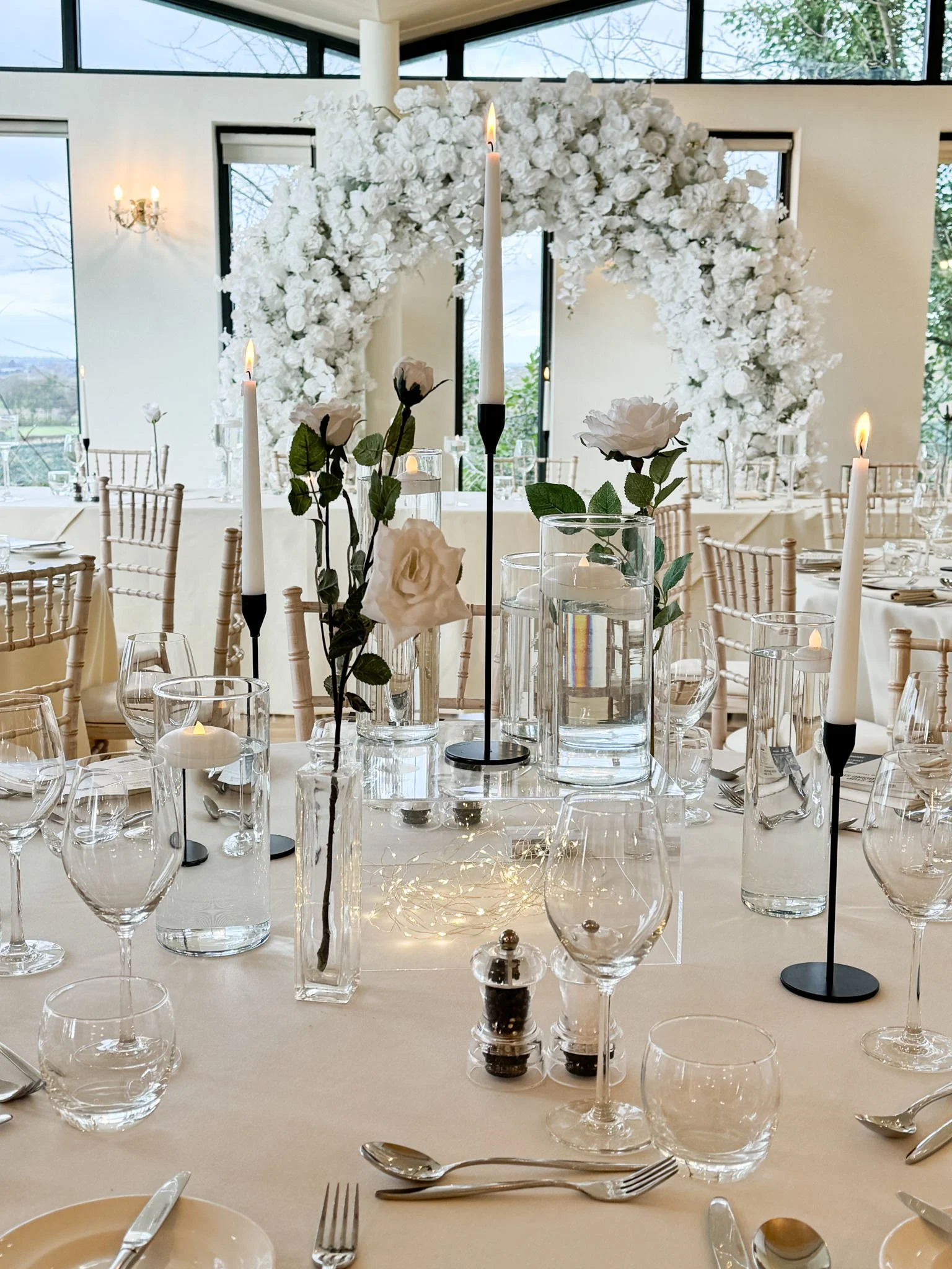 Black and white wedding styling at West Tower, Lancashire.