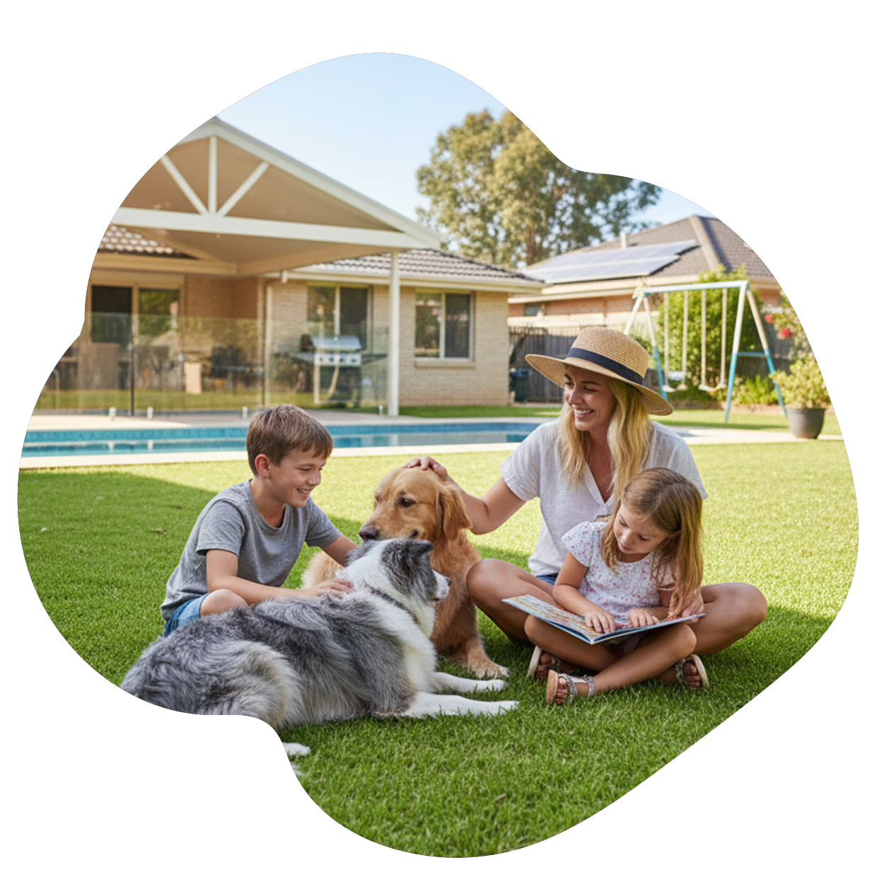 Au pair in the back yard with kids