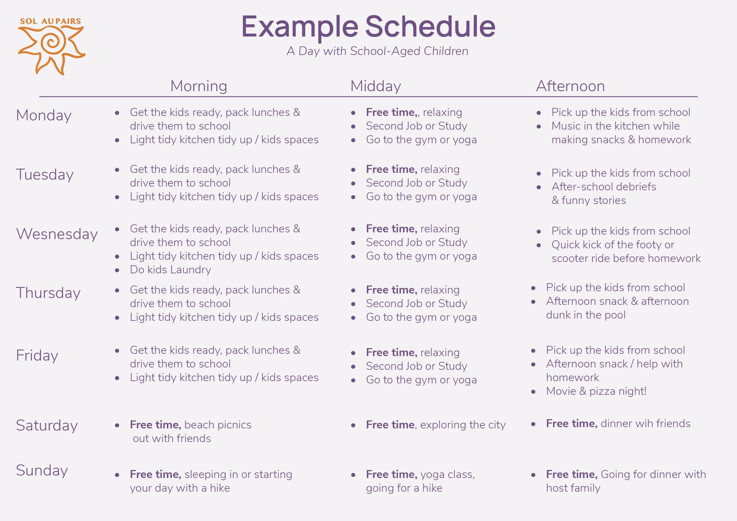 Au Pair Example Schedule school kids