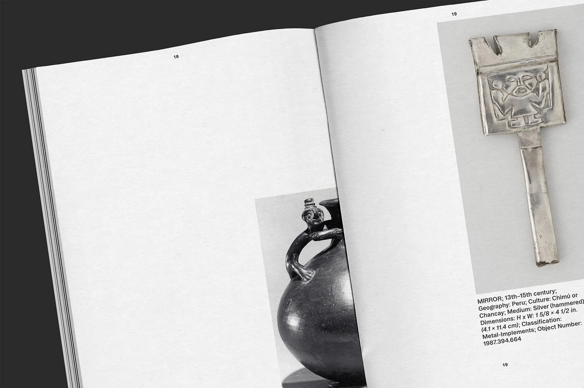 Open book displaying images of ancient artifacts, including a silver mirror from 13th-15th century Peru with a figurative handle and a small metallic sculpture of a face with arms raised, with descriptive text about their origin and dimensions.
