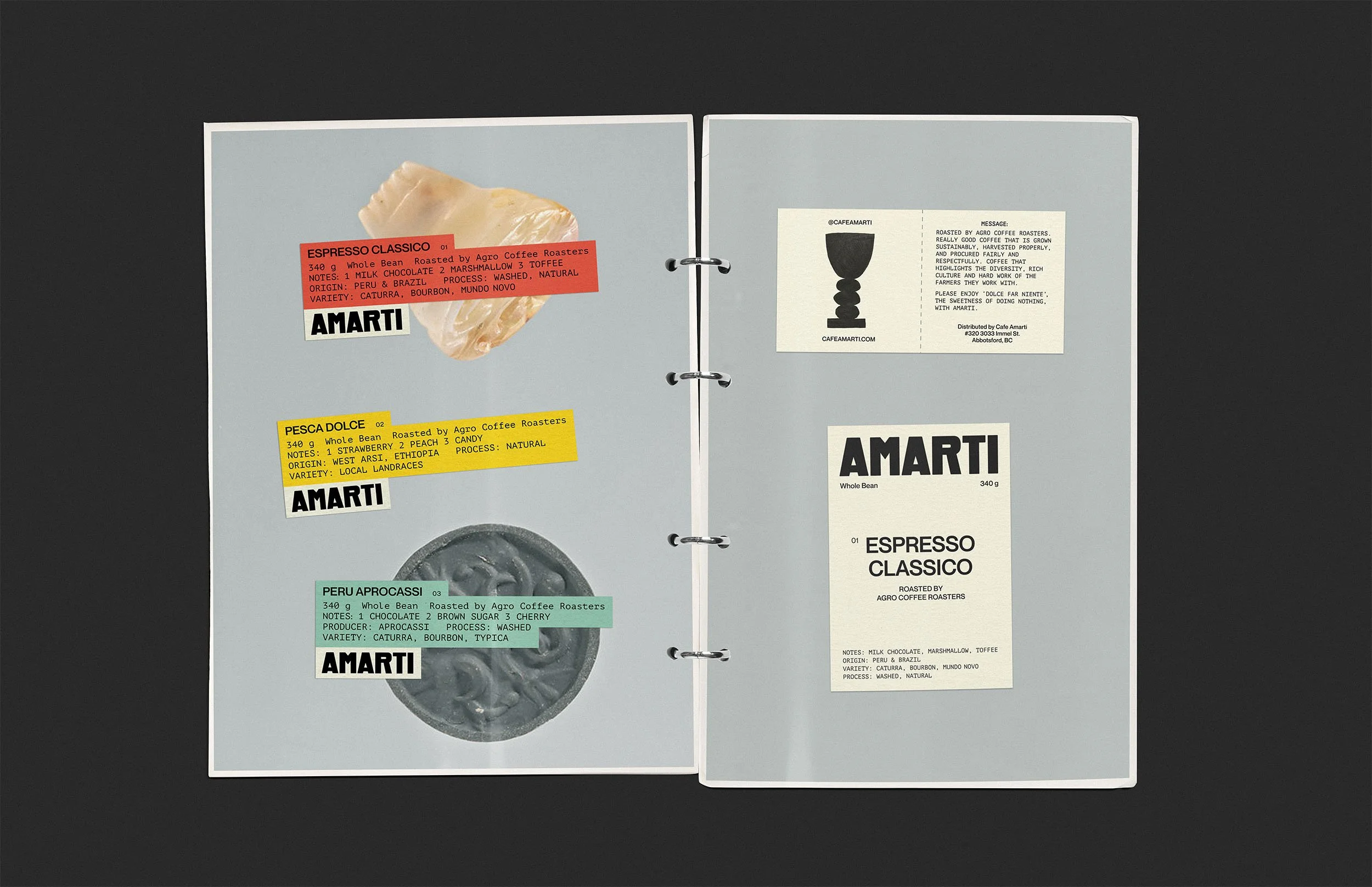 Open coffee tasting journal with three coffee samples and tasting notes, including espresso, Pescadolie, and Perù Aprobassi, with labels and descriptions.