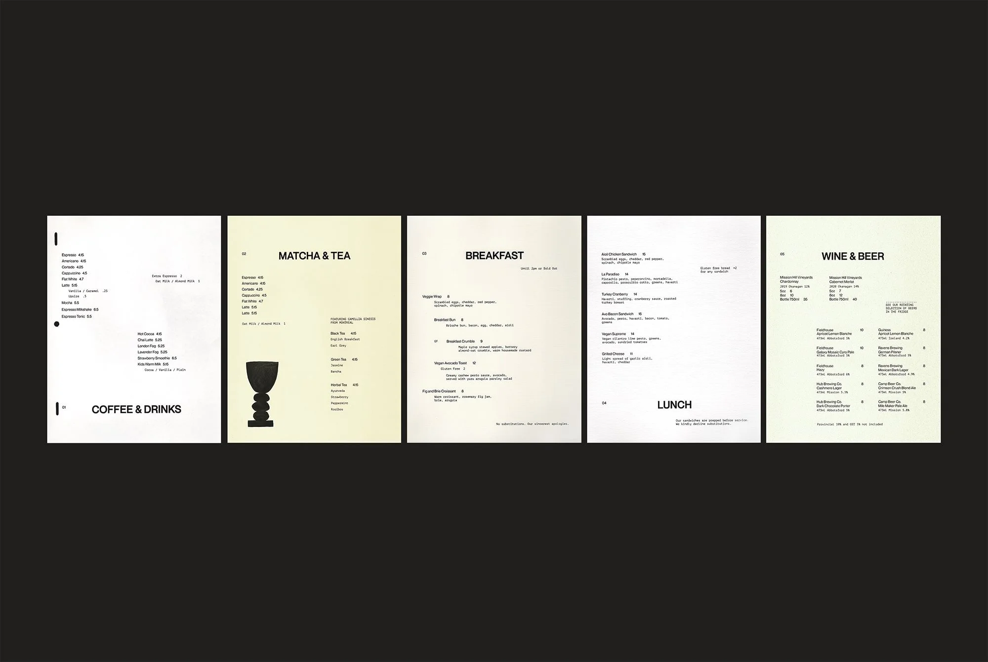 A five-page menu with sections for Coffee & Drinks, Matcha & Tea, Breakfast, Lunch, and Wine & Beer on a black background.