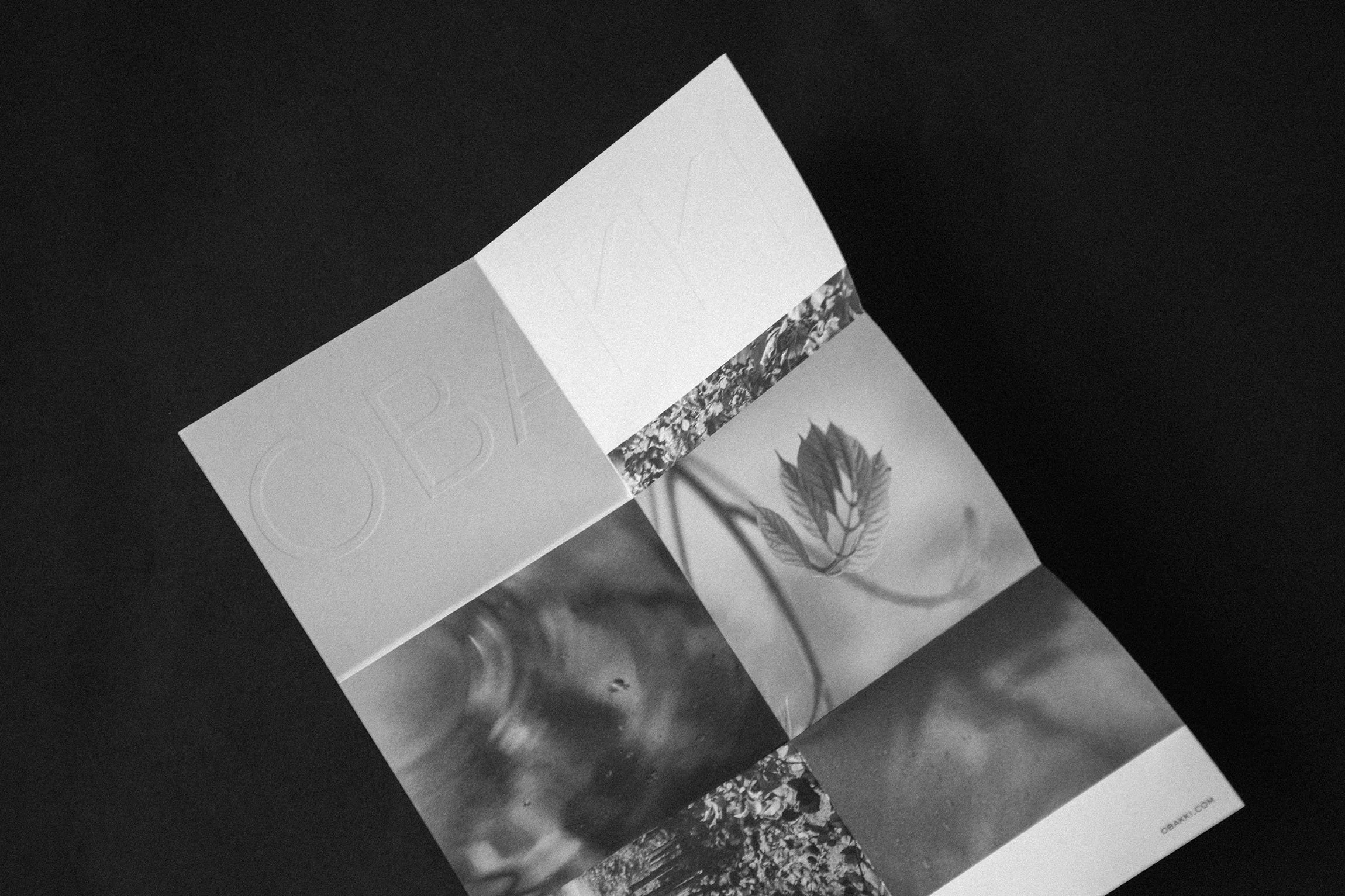 A black and white folded brochure with the word 'OBAKKI' embossed on the cover, featuring various abstract and nature-themed images in each folded section.