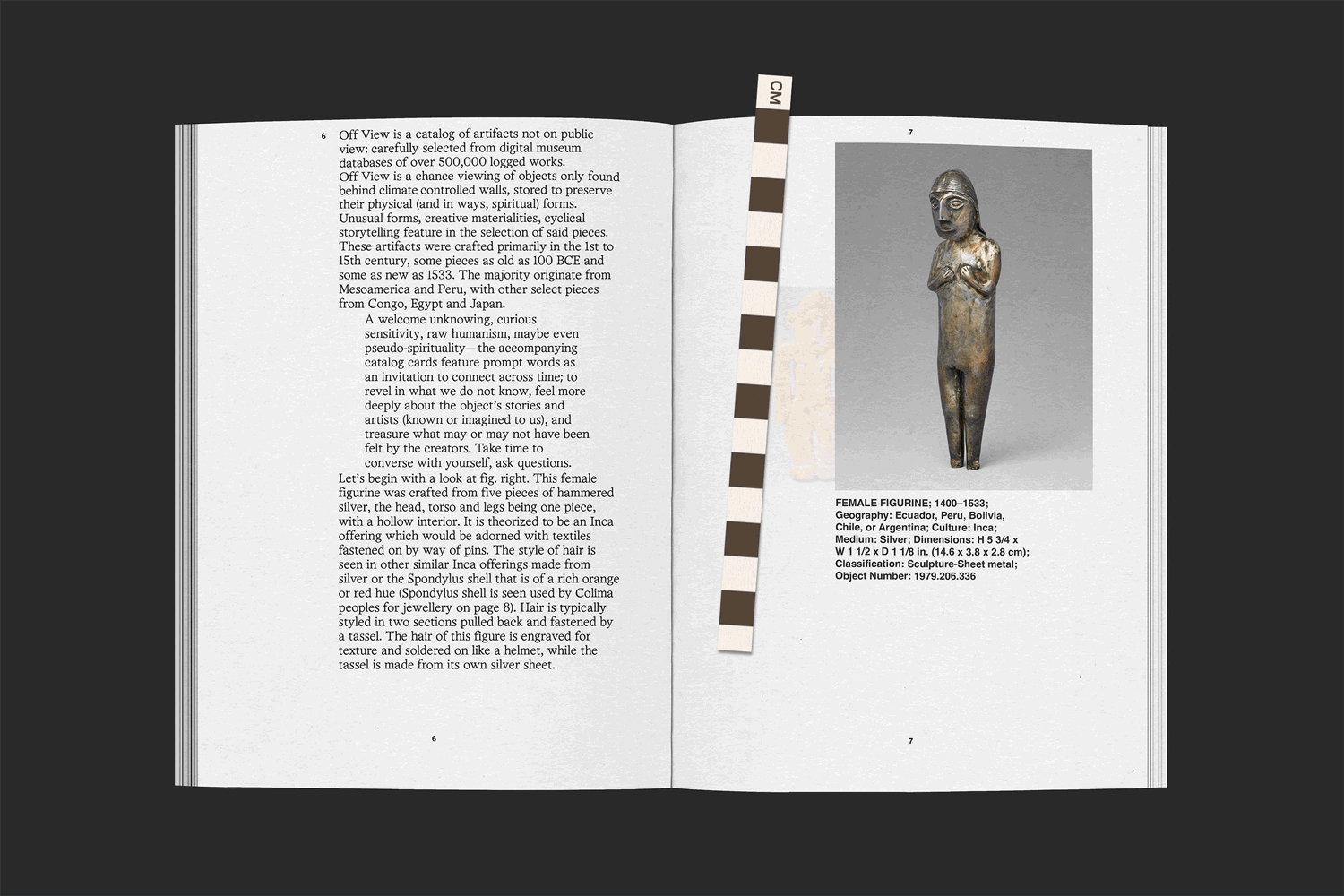 Open catalog or book showing a page with text and a page with a gray background and a sculpture of a female figure made of silver metal. The sculpture is from Ecuador, Peru, Bolivia, dated 1400-1533, and described as crafted from silver with dimensions of approximately 5 3/4 inches high. The sculpture depicts a female figure with a hollow interior, detailed hairstyle, and standing with arms crossed or close to chest.