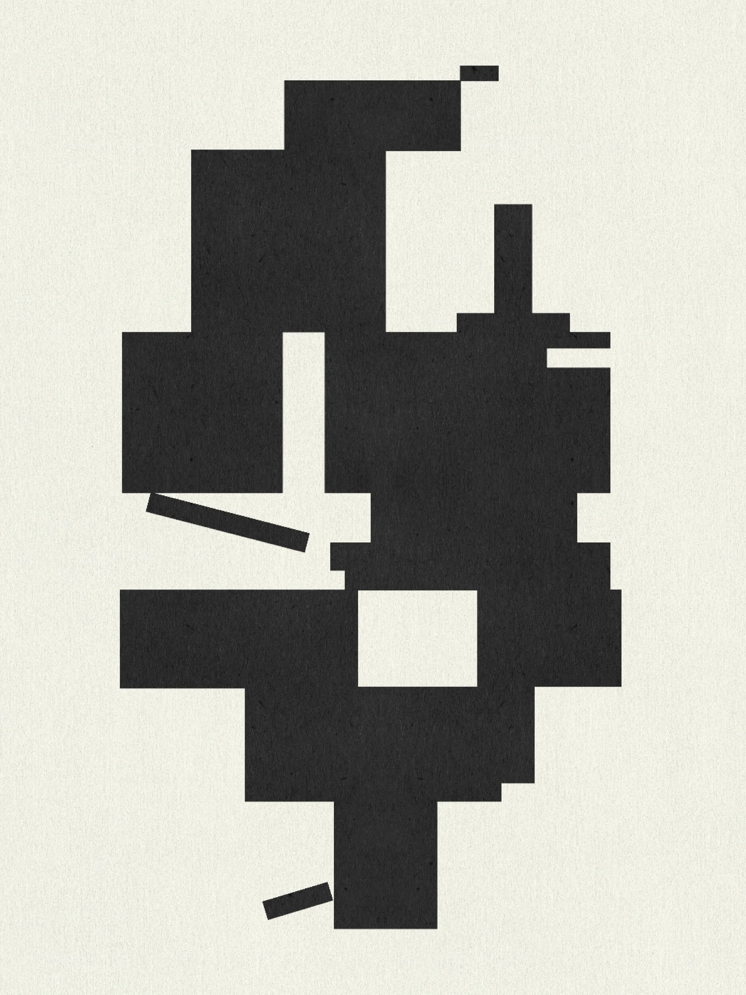 Black rectangular shapes in many sizes and shapes stack in a diamond shape on a light background to make an abstract image symbolizing heaven and hell.