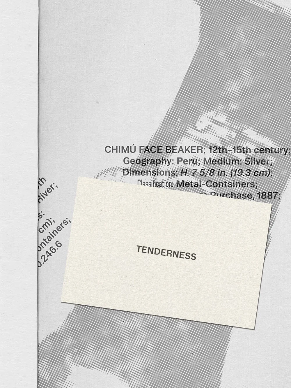 A drawing or display showcasing a Chimu face beaker from 12th to 15th century Peru, with a small card labeled "Tenderness" placed on it.