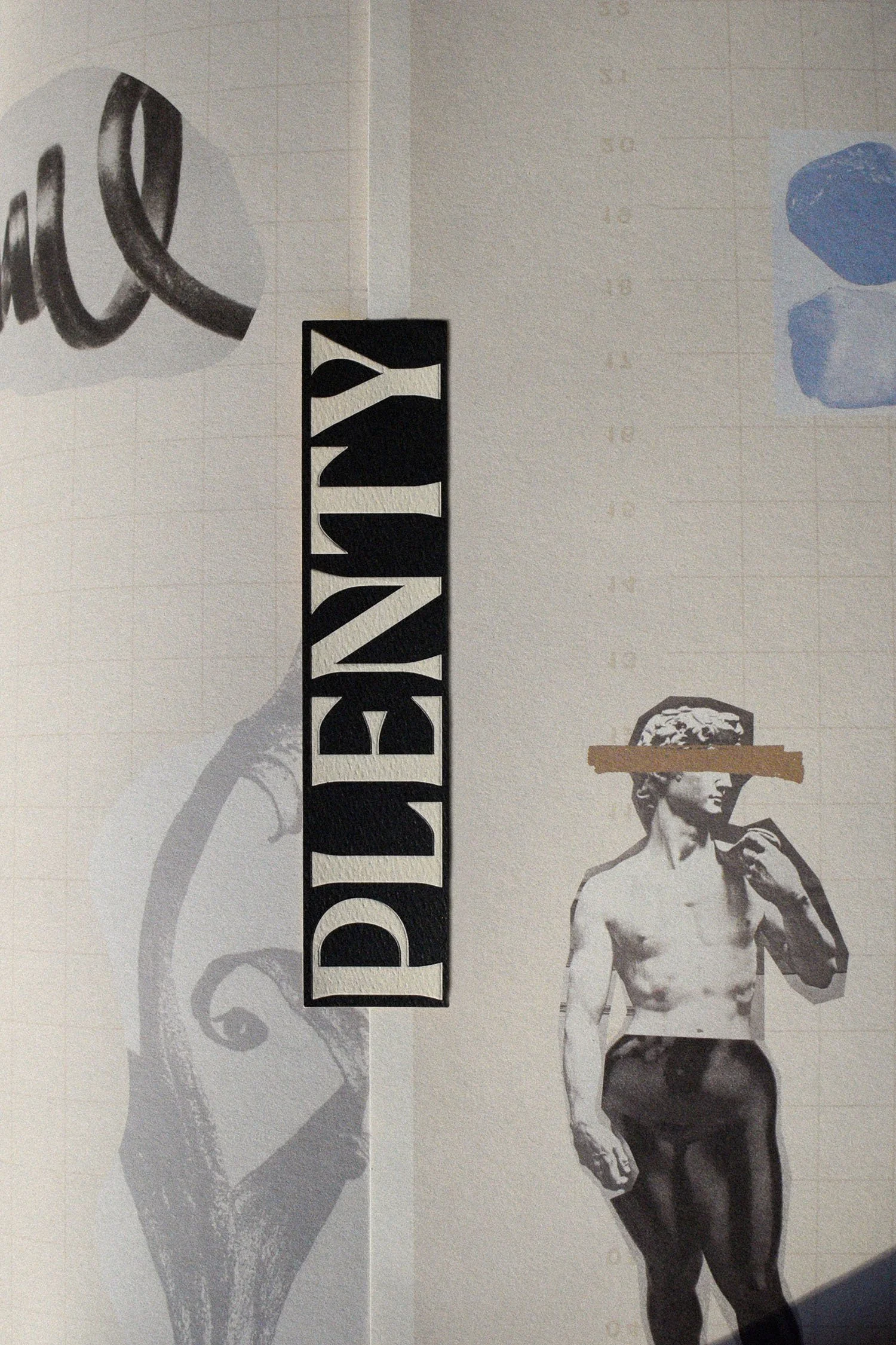 Black paper-textured vertical rectangle label with the word 'PLENTY' in bold white letters, on a paper wrap with collage artwork including a classical male statue with female statue legs and a strip over the eyes, with scattered abstract shapes.