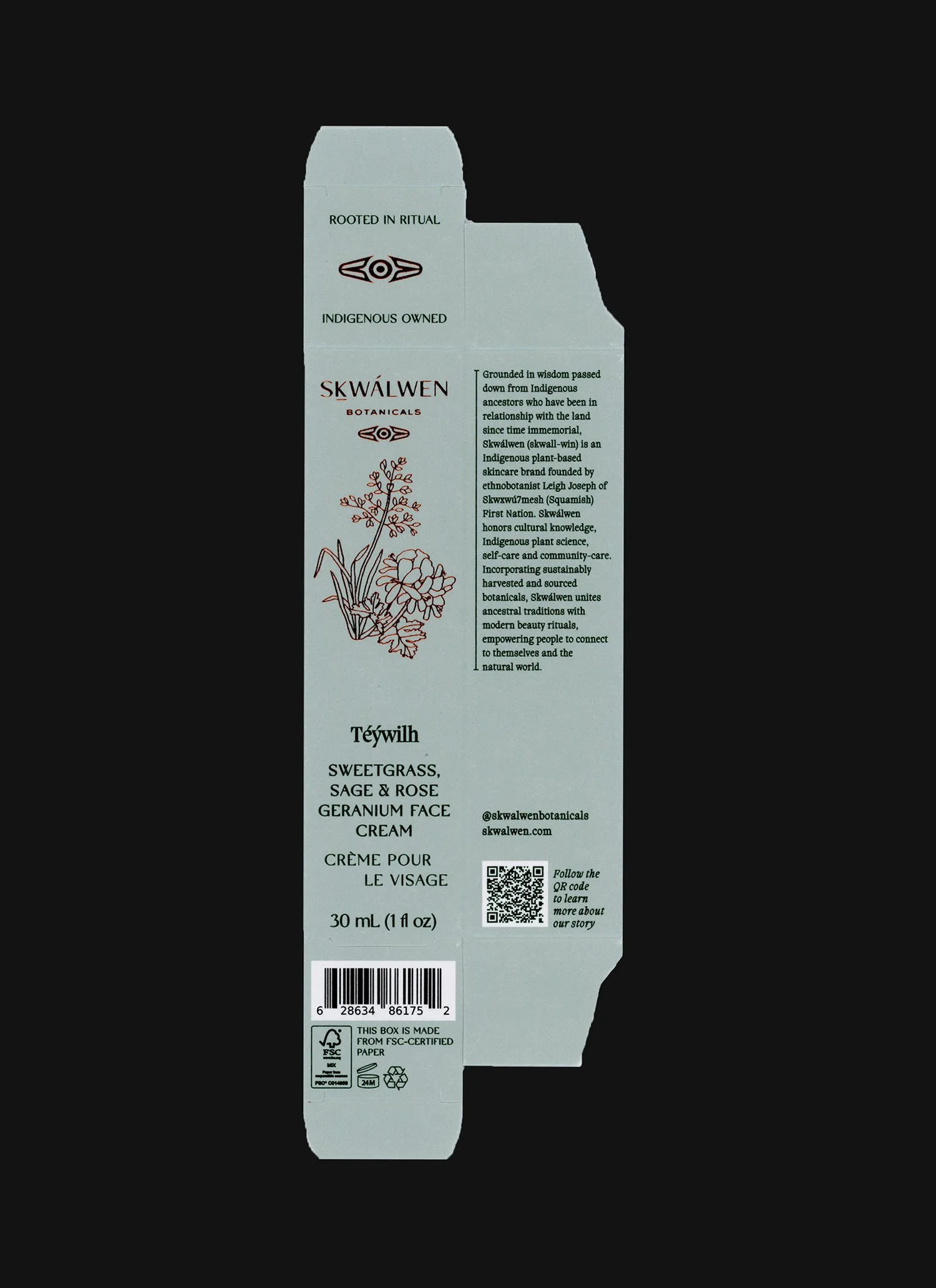 A product package for Skwalwen Botanicals face cream, labeled as 'Téywilḥ' with ingredients including sweetgrass, sage, rose, and geranium. The package features botanical illustrations, a QR code, and text about Indigenous heritage and sustainability.