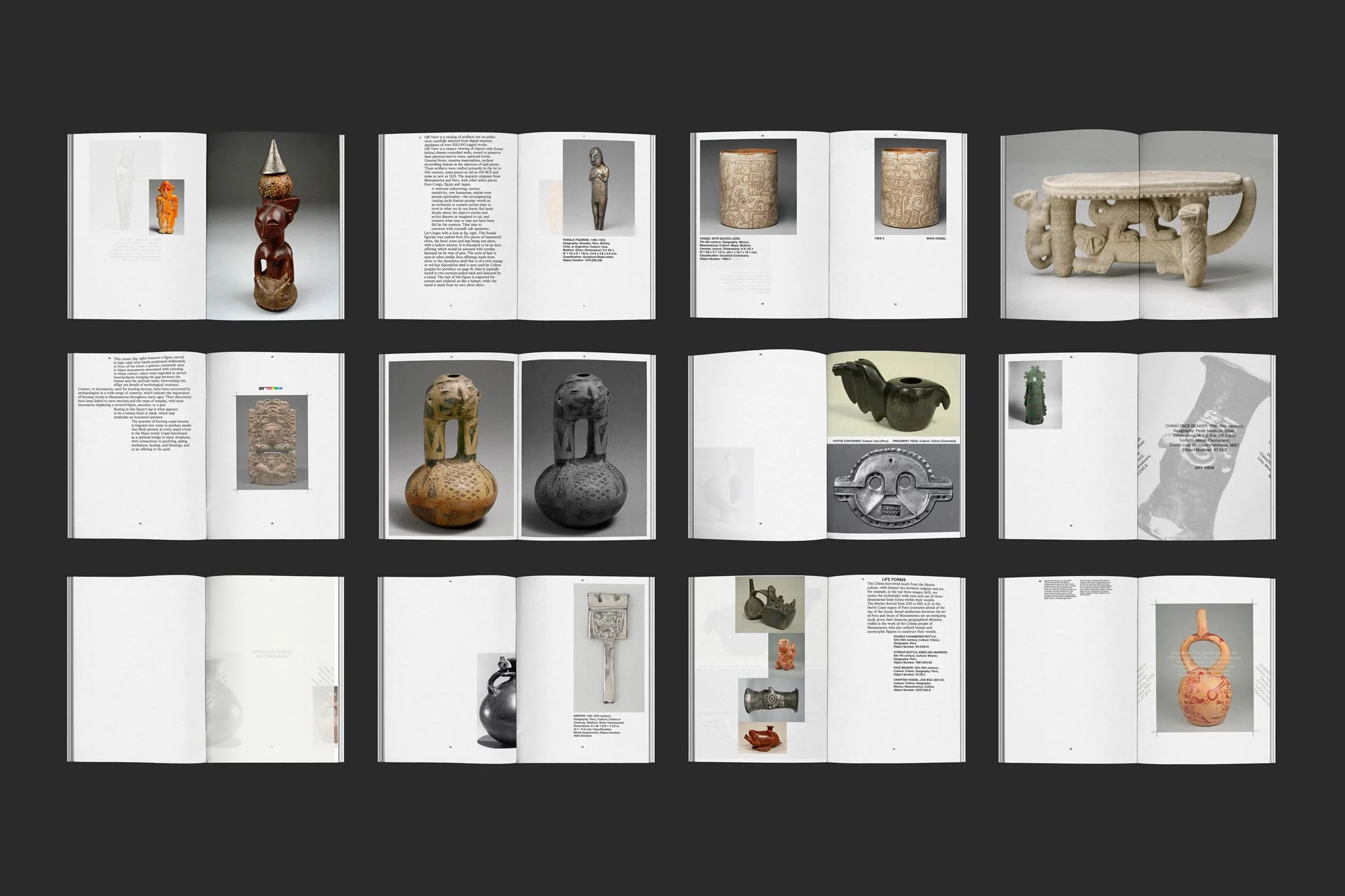 An image showing 12 open book spreads. Including images of ancient artifacts, sculptures, and pottery displayed with offset paragraphs.