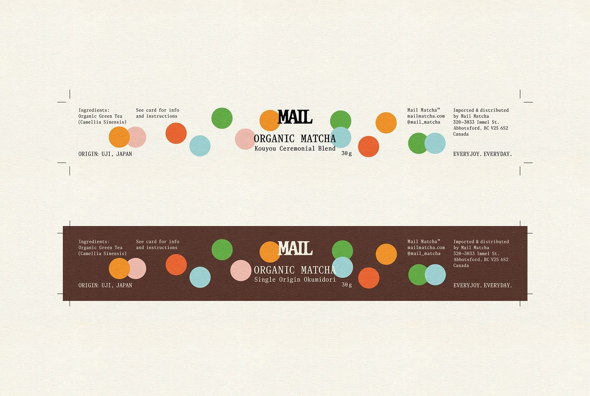 Two different labels for organic matcha tea, one on a white background and one on a brown background. Both labels feature colorful circles and contain product information including origin, ingredients, company details, and slogans.