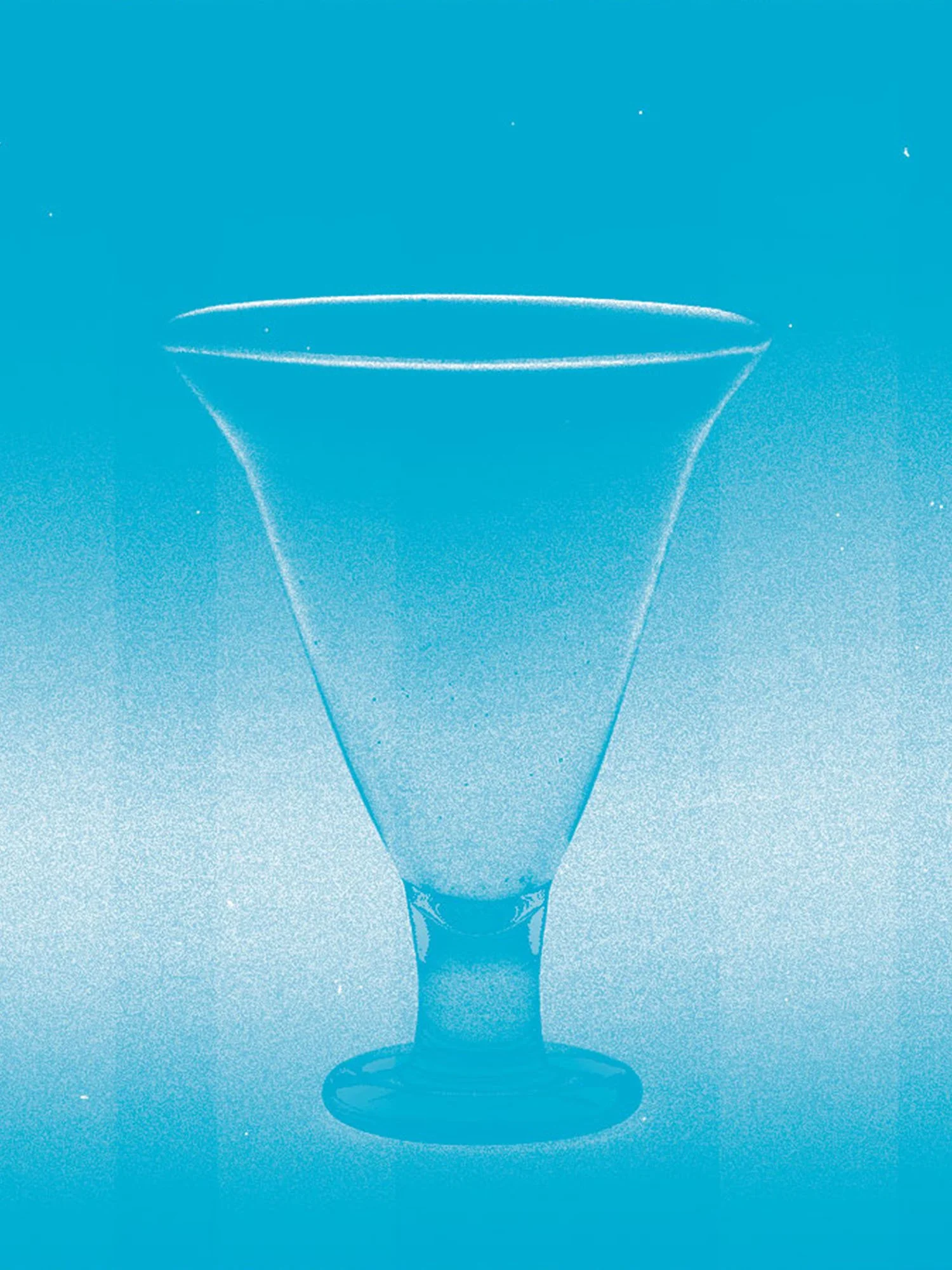 An empty drinking glass with a wide, shallow bowl and a short thin stem, stylized in a monotone blue colour.