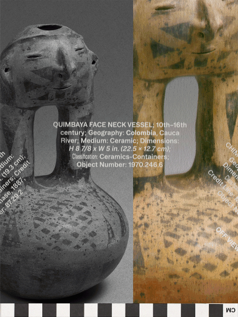 Side-by-side images of an ancient ceramic face neck vessel from Colombia, Caucasia. The left image shows the vessel in black and white, with a smiling face and detailed surface pattern. The right image shows a color close-up of the vessel’s face with carved features and pattern. Both images include descriptive text about the artifact's origin, dimensions, and classification.