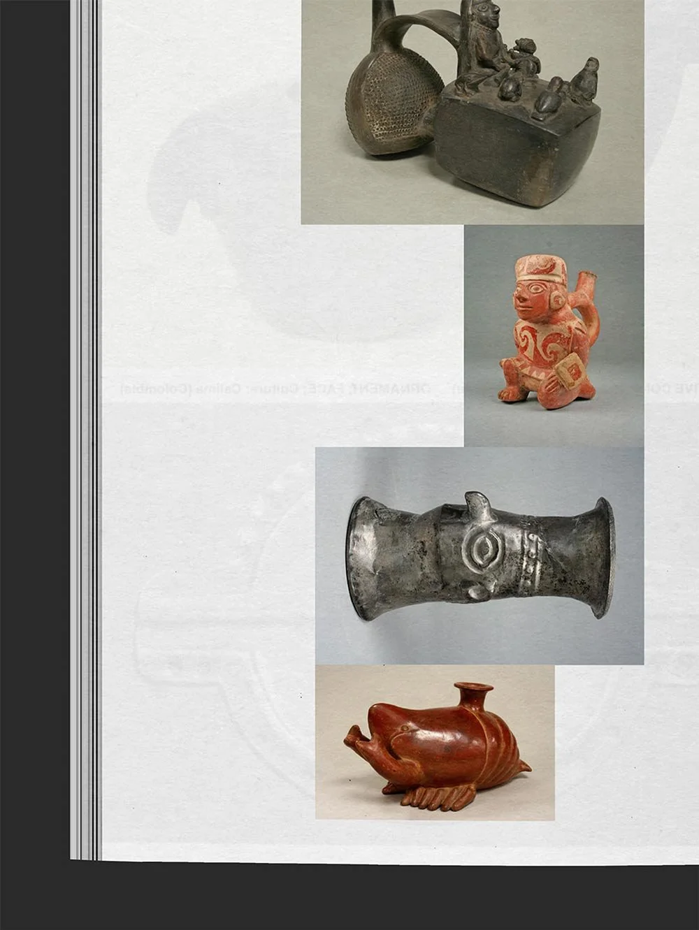 A closeup of a book page with a collage of four ancient artifacts including a carved wooden sculpture, an animal figurine, a metallic vessel, and a ceramic turtle.