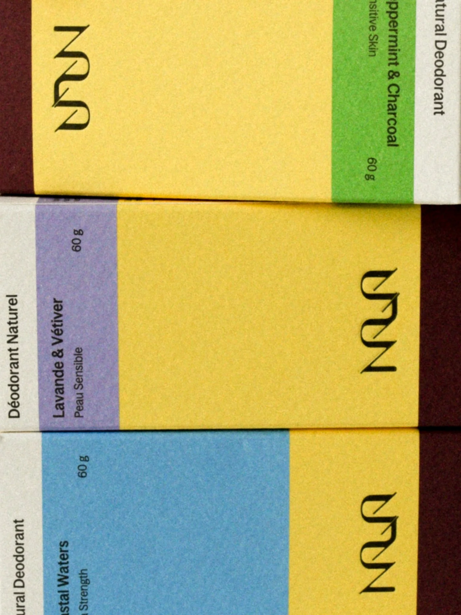 Three boxes of Nala natural deodorant, each with different scents: Lavender & Vetiver, Waters, and Peppermint Charcoal.