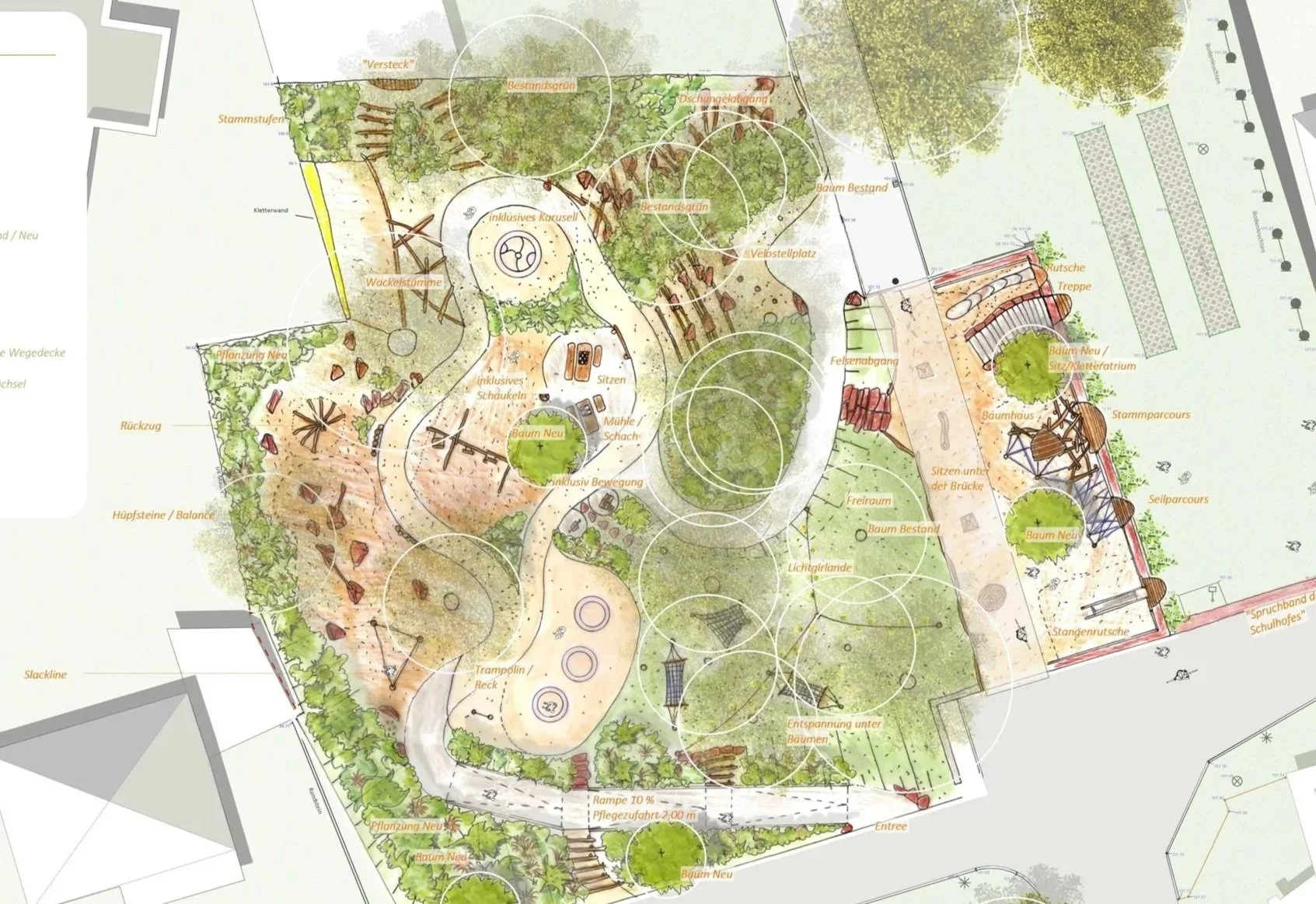 Ein detaillierter Park- oder Spielplatzplan mit verschiedenen Bereichen wie Klettern, Balance, Trampolin, Sitzgelegenheiten und Bäume, beschriftet mit deutschen Begriffen.