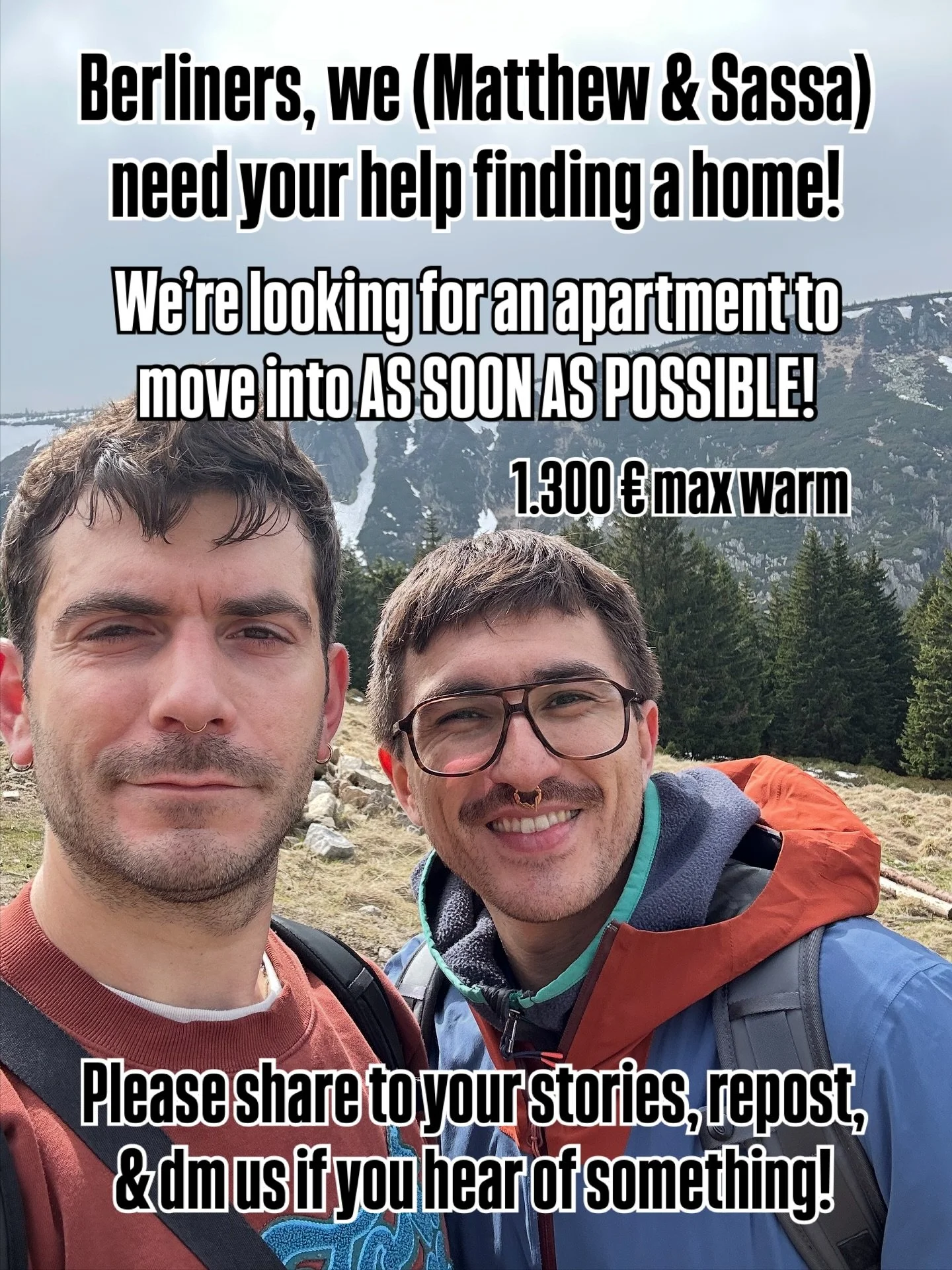 Berliners, we&rsquo;re looking for an apartment to call our home🏡🌈 We need to move as soon as possible. Please reshare, repost, &amp; like to help us out 🥹 and of course if you have any tips please just dm us @takata.tattoo @chamomile.allergic 💕 