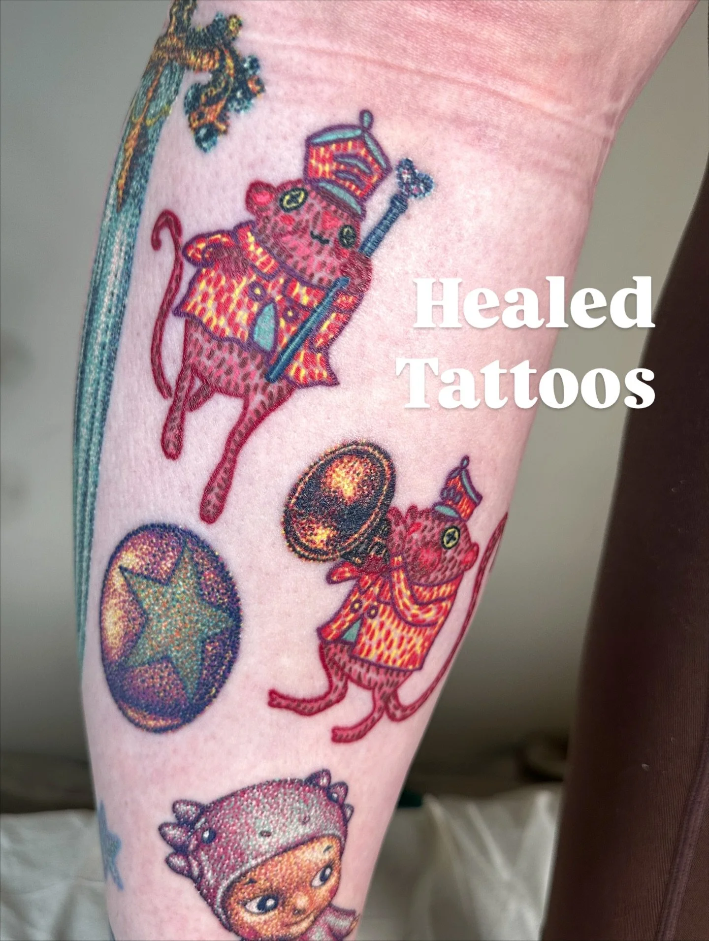 From full color tattoo to black &amp; grey chrome, my work heals just beautifully 🌈✨🖤🩶🤍 Want a glittering piece like one of these? Books are open for Berlin for my December guest spot @sweet_potato_tattoo🍠💕 We can create your custom idea, one o