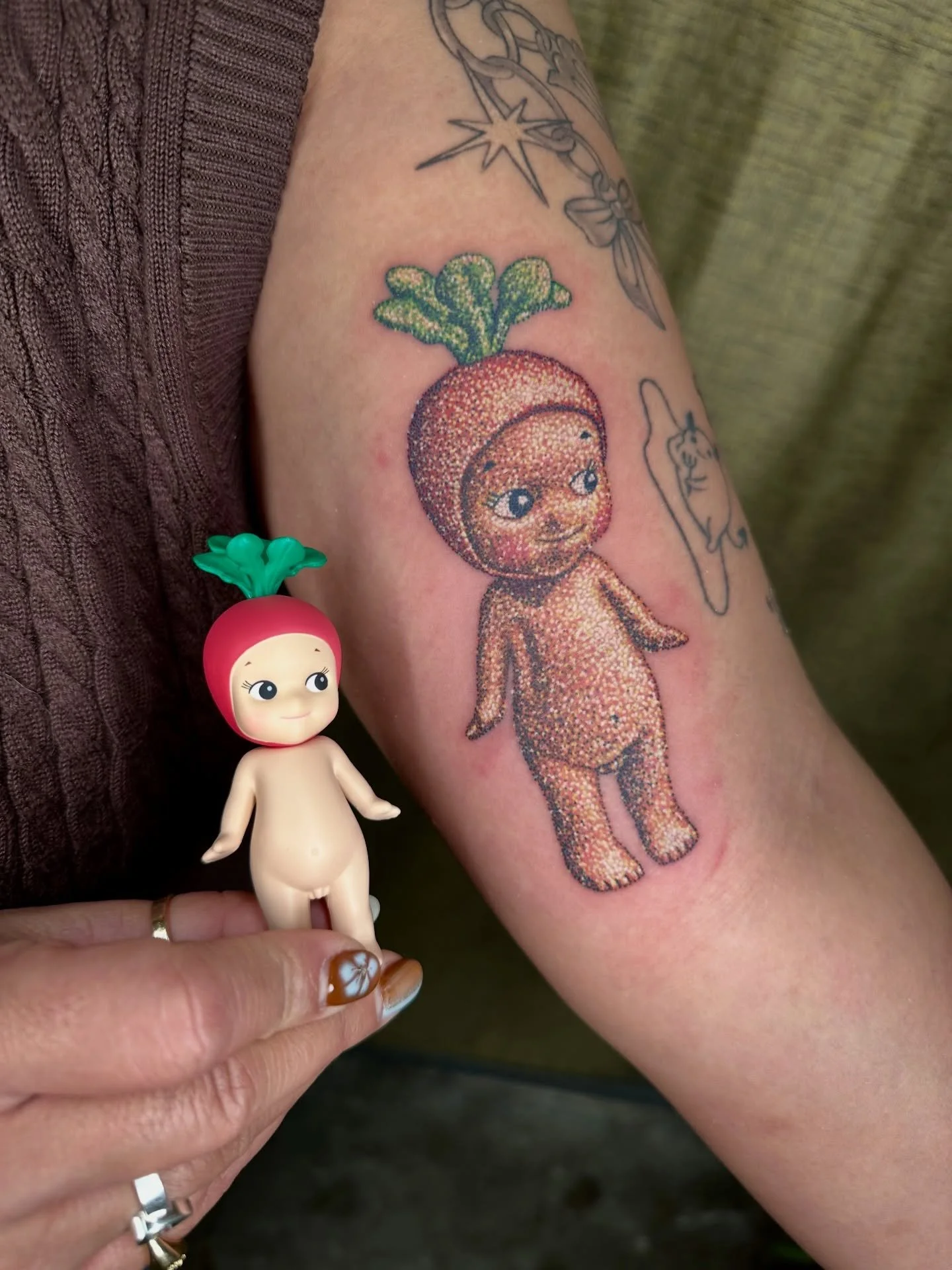 Would you get a Mystery Sonny Angel Tattoo? These two did! 🎁👼 Here&rsquo;s the results from Sonny Angel Vegetable Series and I Love Rainy Day Series🫜🌧️💕 Curious about my one of a kind Blind Box Tattoo Experience? Learn all the tea on my site, yo