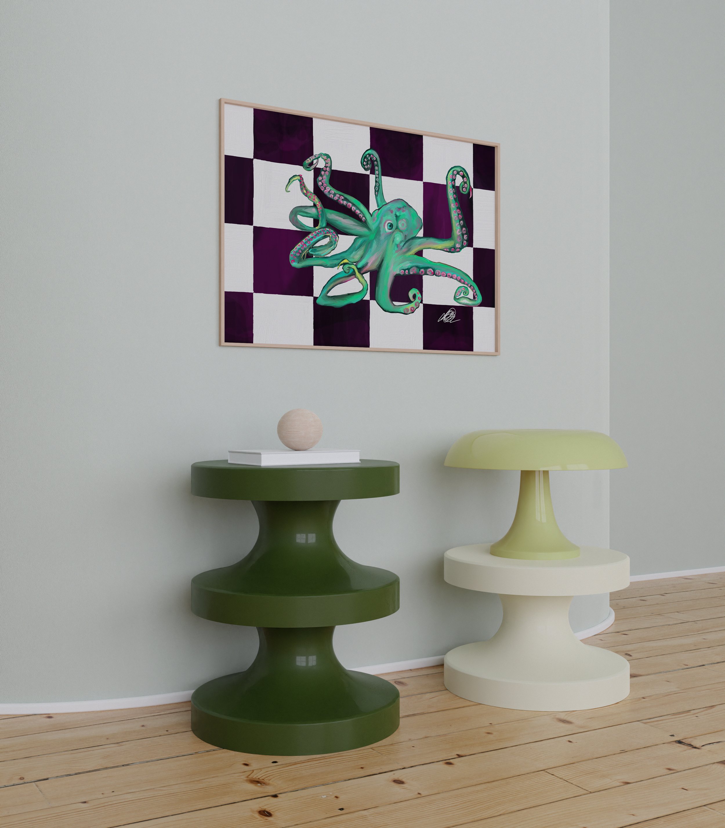 A hand-drawn octopus sketch with oceanic blue tones and a hint of pink, set against a washed purple and white checkered background. A playful and detailed artwork, perfect for kitchens or bathrooms.