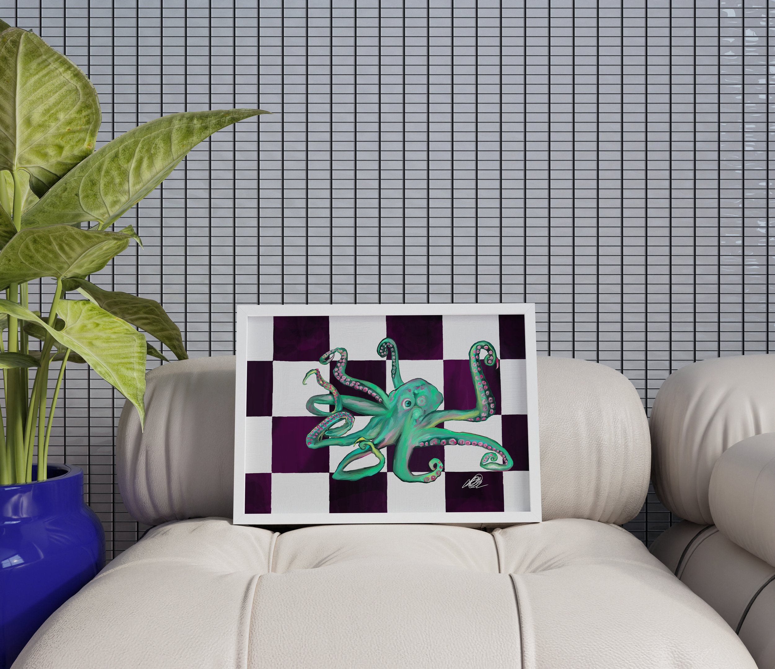 A hand-drawn octopus sketch with oceanic blue tones and a hint of pink, set against a washed purple and white checkered background. A playful and detailed artwork, perfect for kitchens or bathrooms.