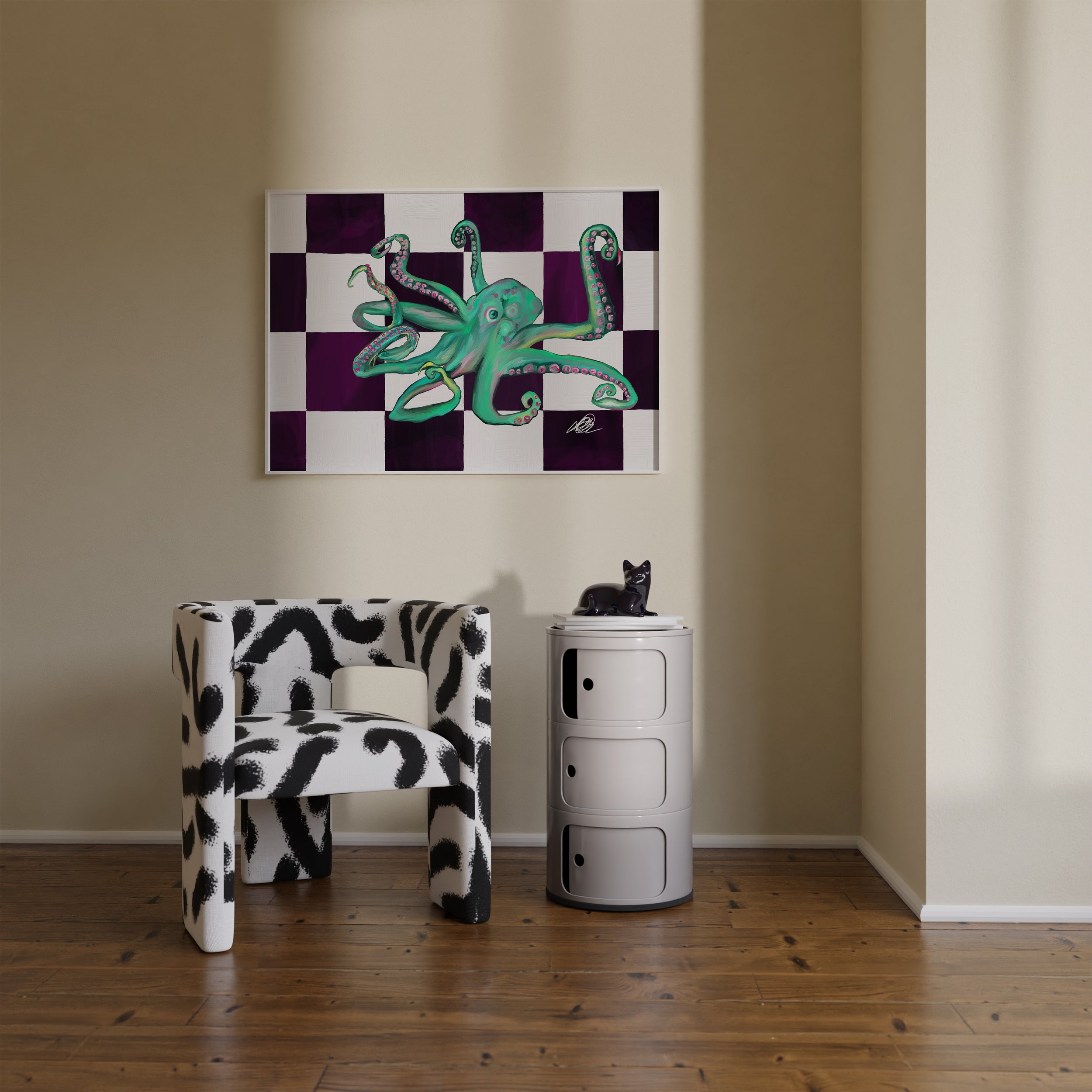 A hand-drawn octopus sketch with oceanic blue tones and a hint of pink, set against a washed purple and white checkered background. A playful and detailed artwork, perfect for kitchens or bathrooms.