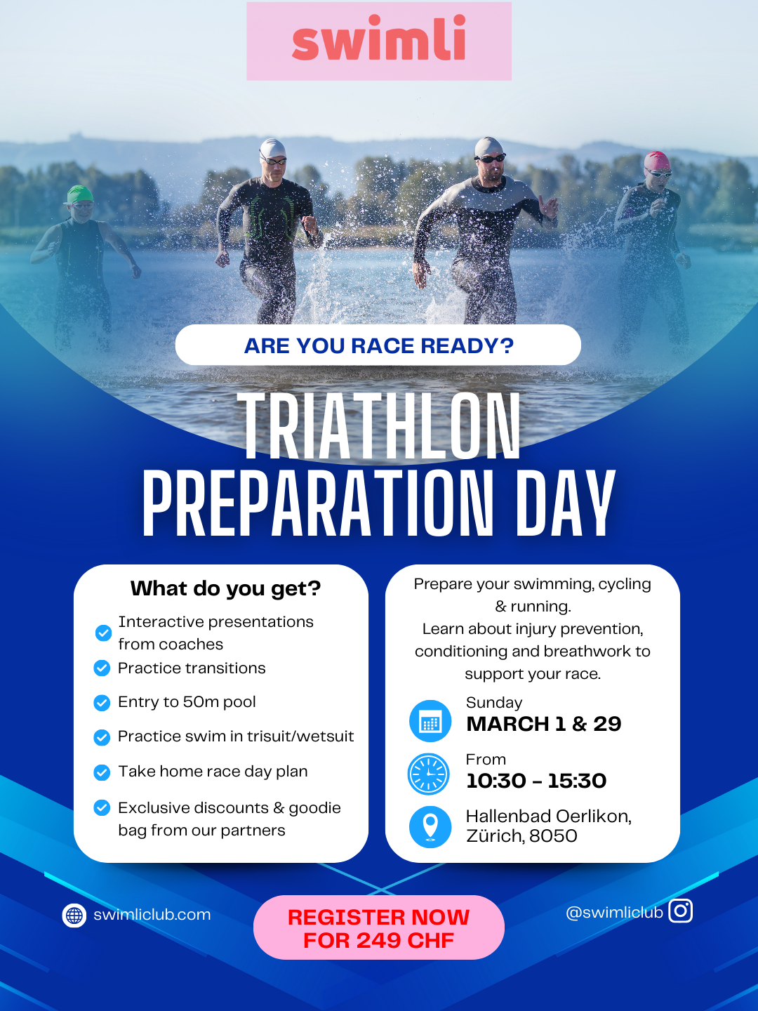 Flyer for Triathlon Preparation Day with a background image of four athletes running through water, wearing swim caps and wetsuits, by a lake or river, under a clear sky.