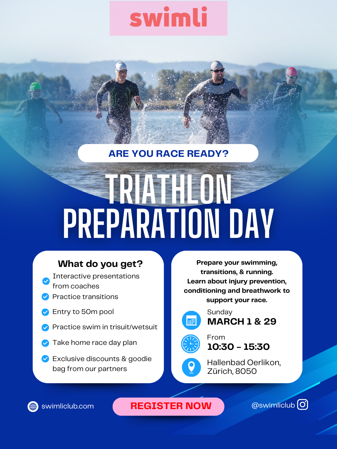 A promotional flyer for Triathlon Preparation Day by Swimli featuring a photo of four athletes running through water, wearing wetsuits and swim caps, with a background of a lake and a clear sky.