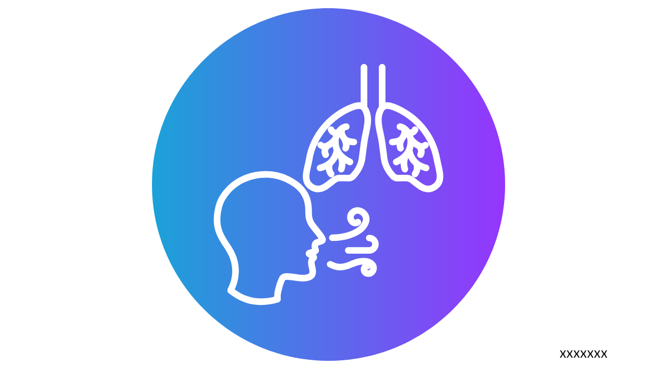 Line drawing of human lungs, nose, and airways in a circle with a blue to purple gradient background.