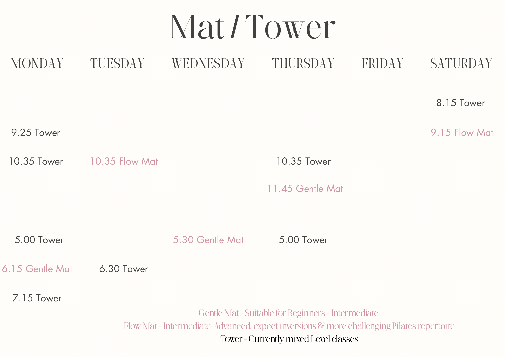Mat & Tower Pilates timetable