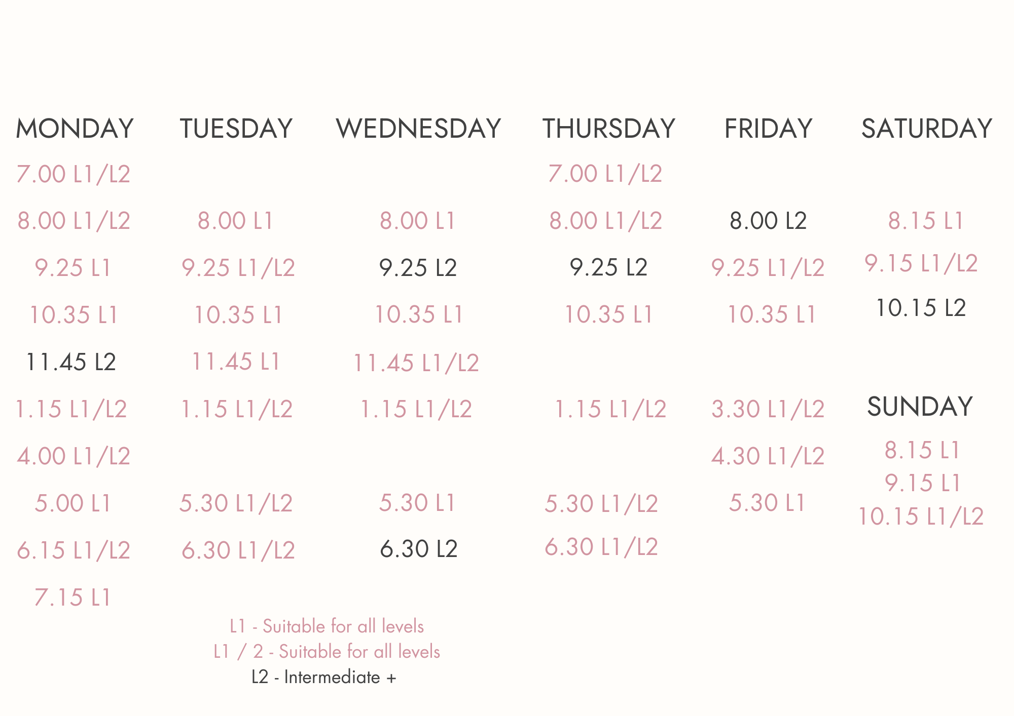 LA Pilates Timetable