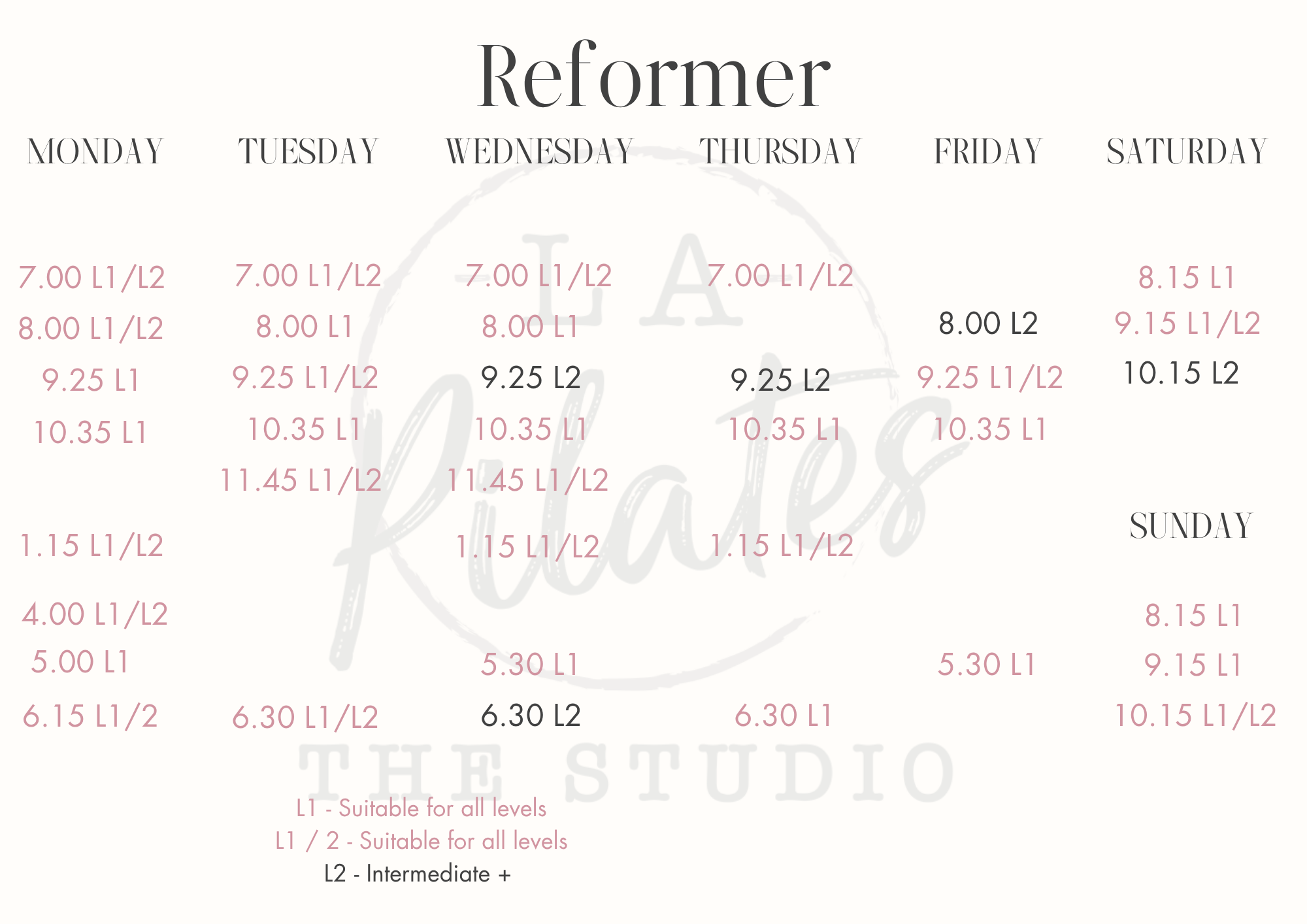 Reformer Timetable