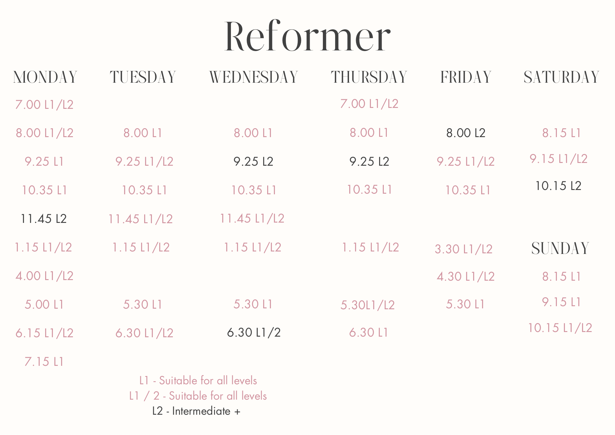 Reformer Pilates timetable