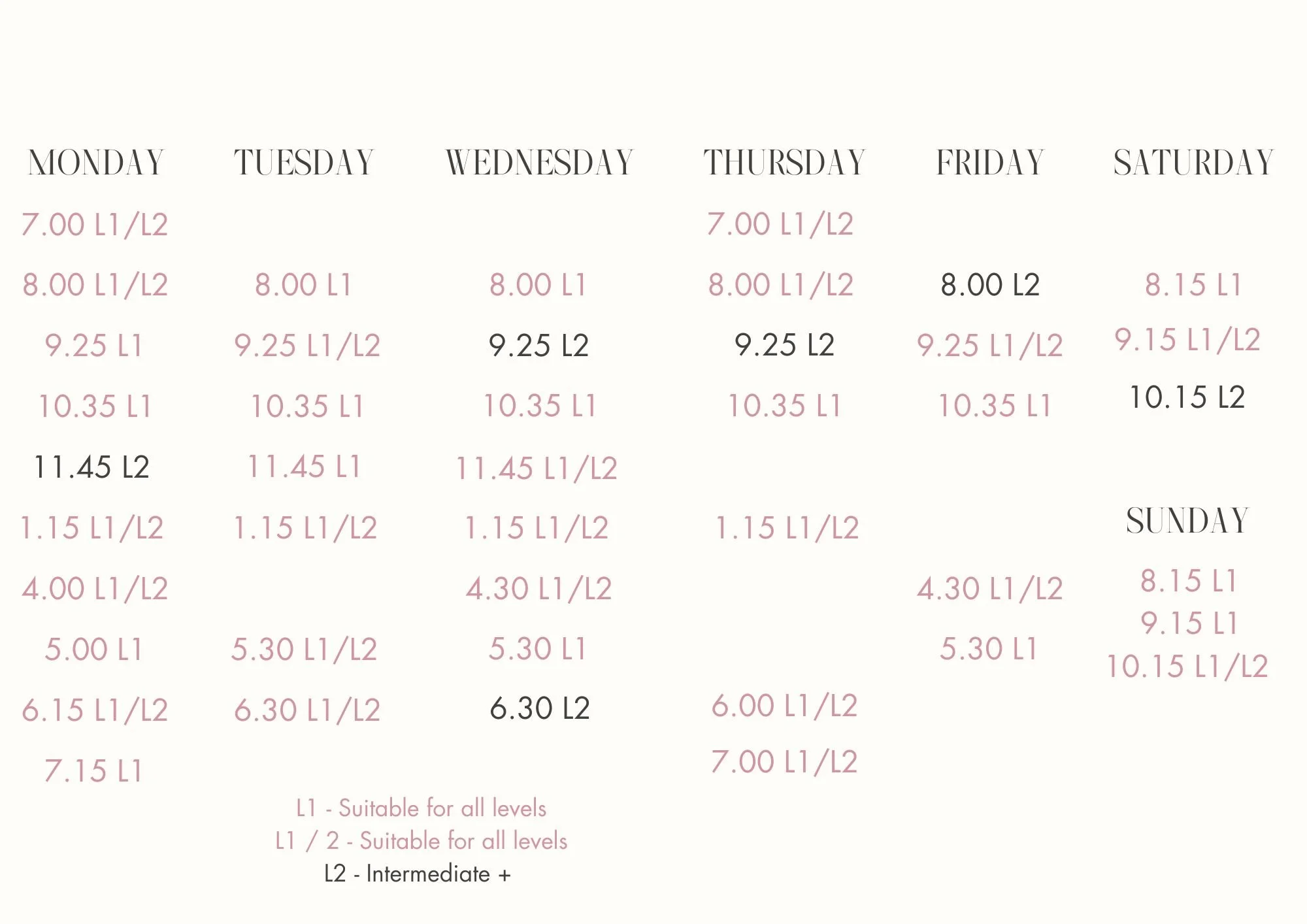 LA Pilates Timetable