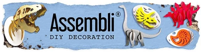 Assembli DIY decoration logo with colorful dinosaur and prehistoric animal illustrations on a blue textured background.