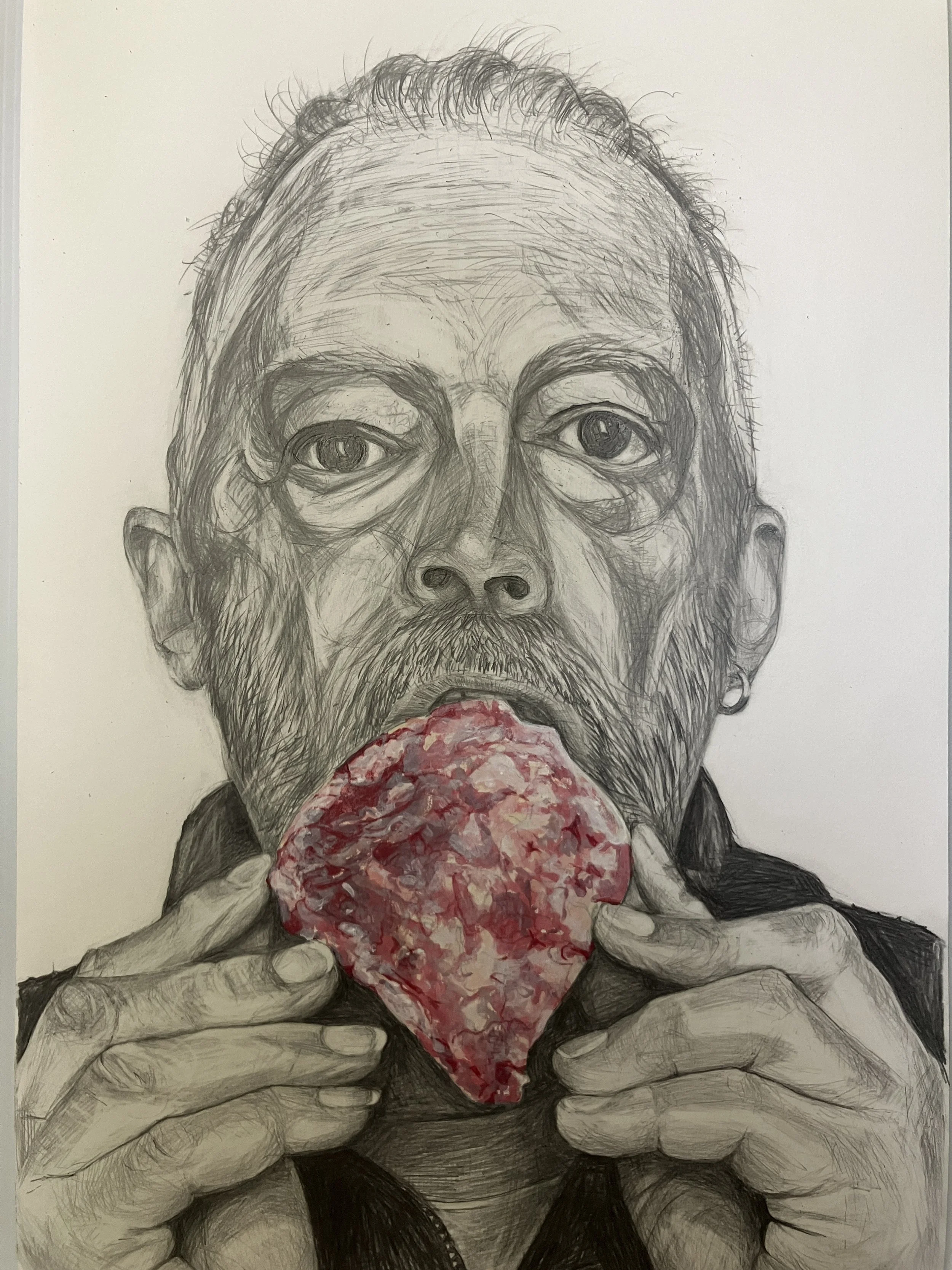 4B Pencil and acrylic on paper, 2026
560mm(H) x 360mm(W)
Self Portrait with heart in mouth