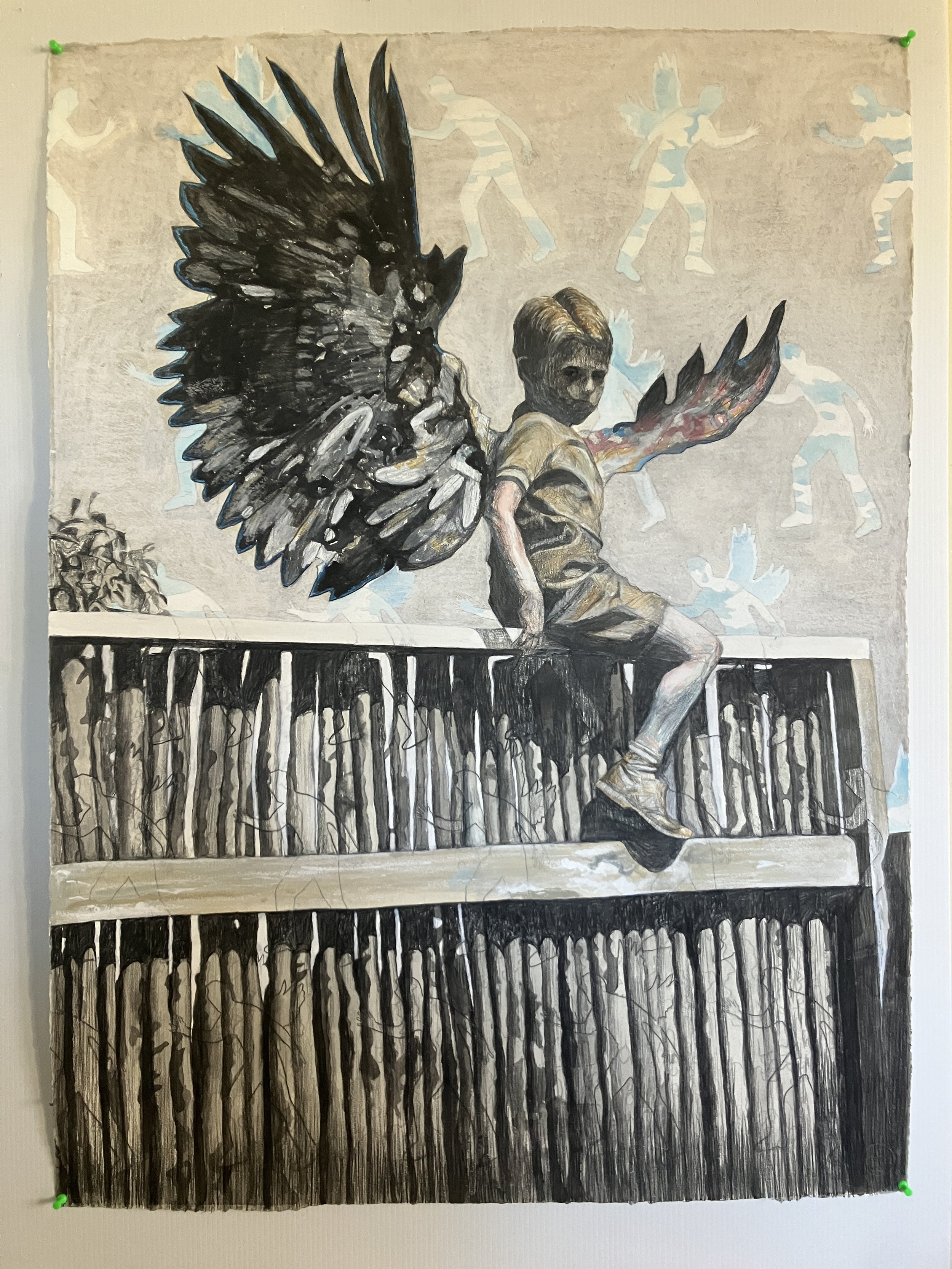 Pencil,chalk, ink and watercolour on paper 
 'On the fence' 2026 1070mm (H) x 790mm (W) 