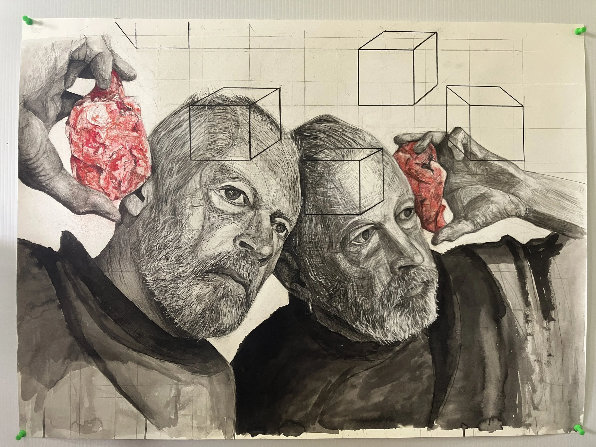 Self Portrait, 2026
Pencil, ink wash, coloured pencil and chalk on paper
760mm (H) x 560mm (W)