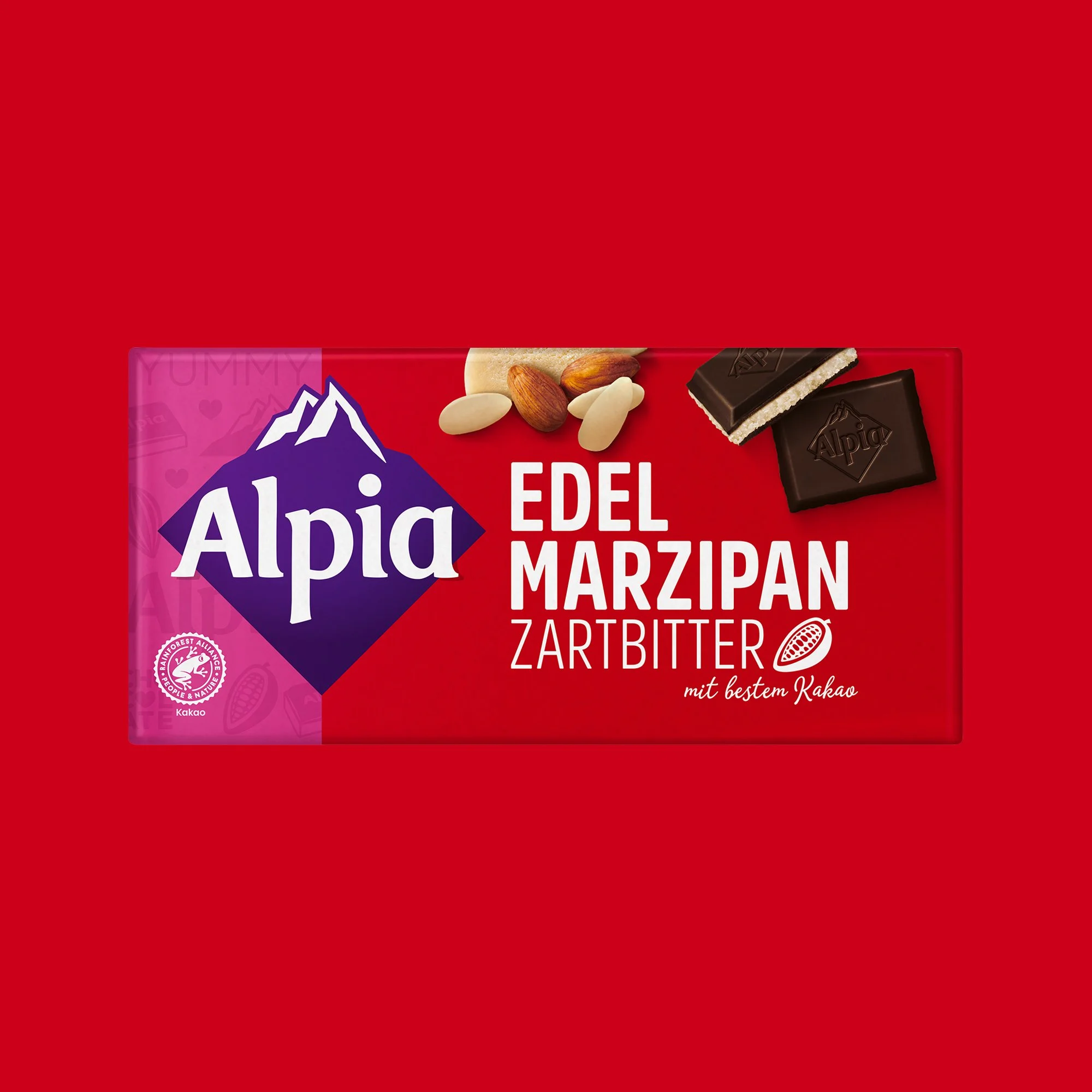 Alpia Edel Marzipan – edle Zartbitterschokolade mit feinem Marzipankern, aromatisch und zartschmelzend, Kakao: 50 % mindestens.